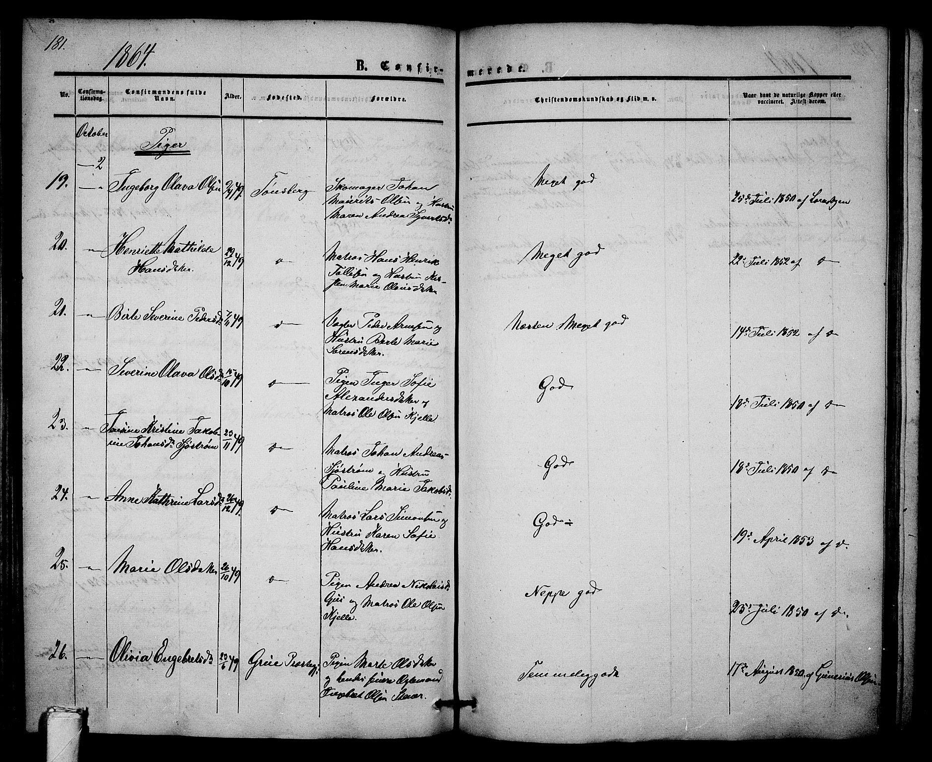 Tønsberg kirkebøker, AV/SAKO-A-330/G/Ga/L0003: Klokkerbok nr. 3, 1855-1864, s. 181