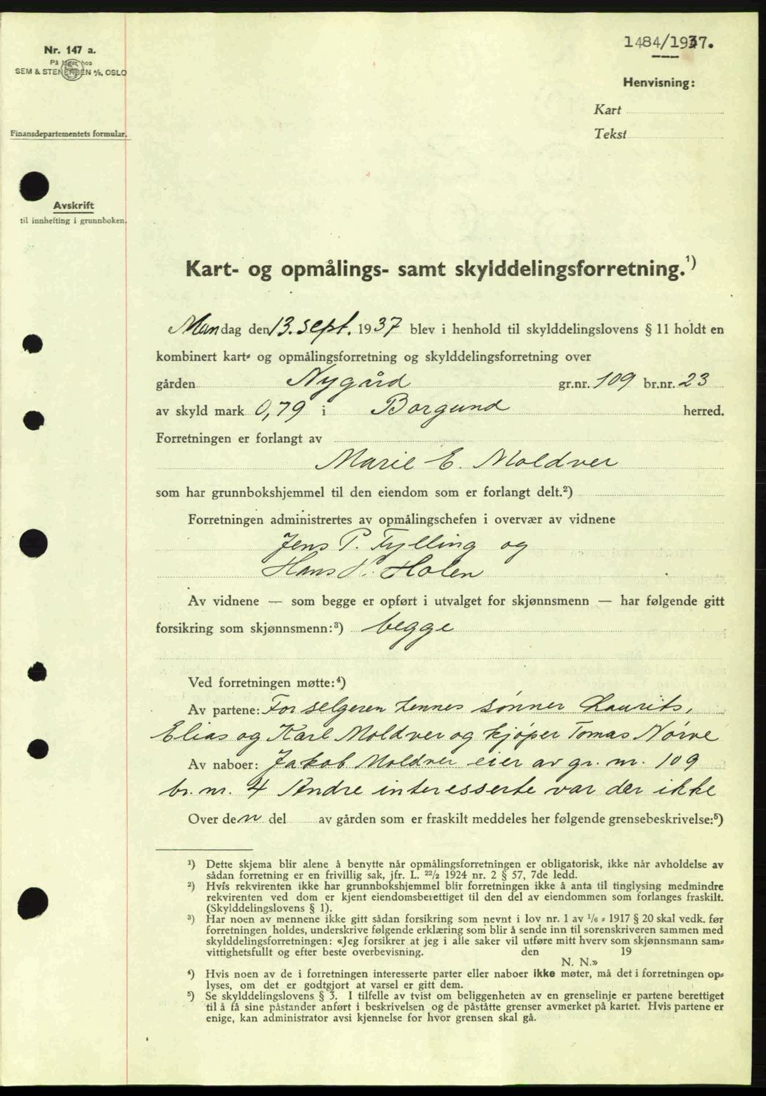 Nordre Sunnmøre sorenskriveri, SAT/A-0006/1/2/2C/2Ca: Pantebok nr. A3, 1937-1937, Dagboknr: 1484/1937