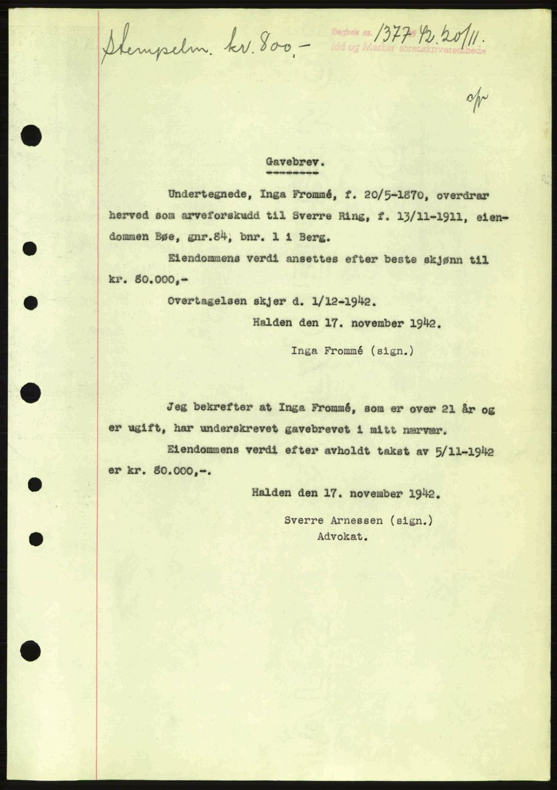 Idd og Marker sorenskriveri, AV/SAO-A-10283/G/Gb/Gbb/L0005: Pantebok nr. A5, 1941-1943, Dagboknr: 1377/1942