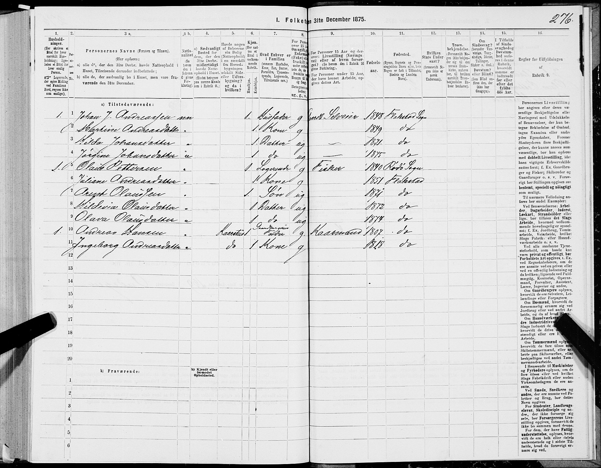 SAT, Folketelling 1875 for 1859P Flakstad prestegjeld, 1875, s. 1276