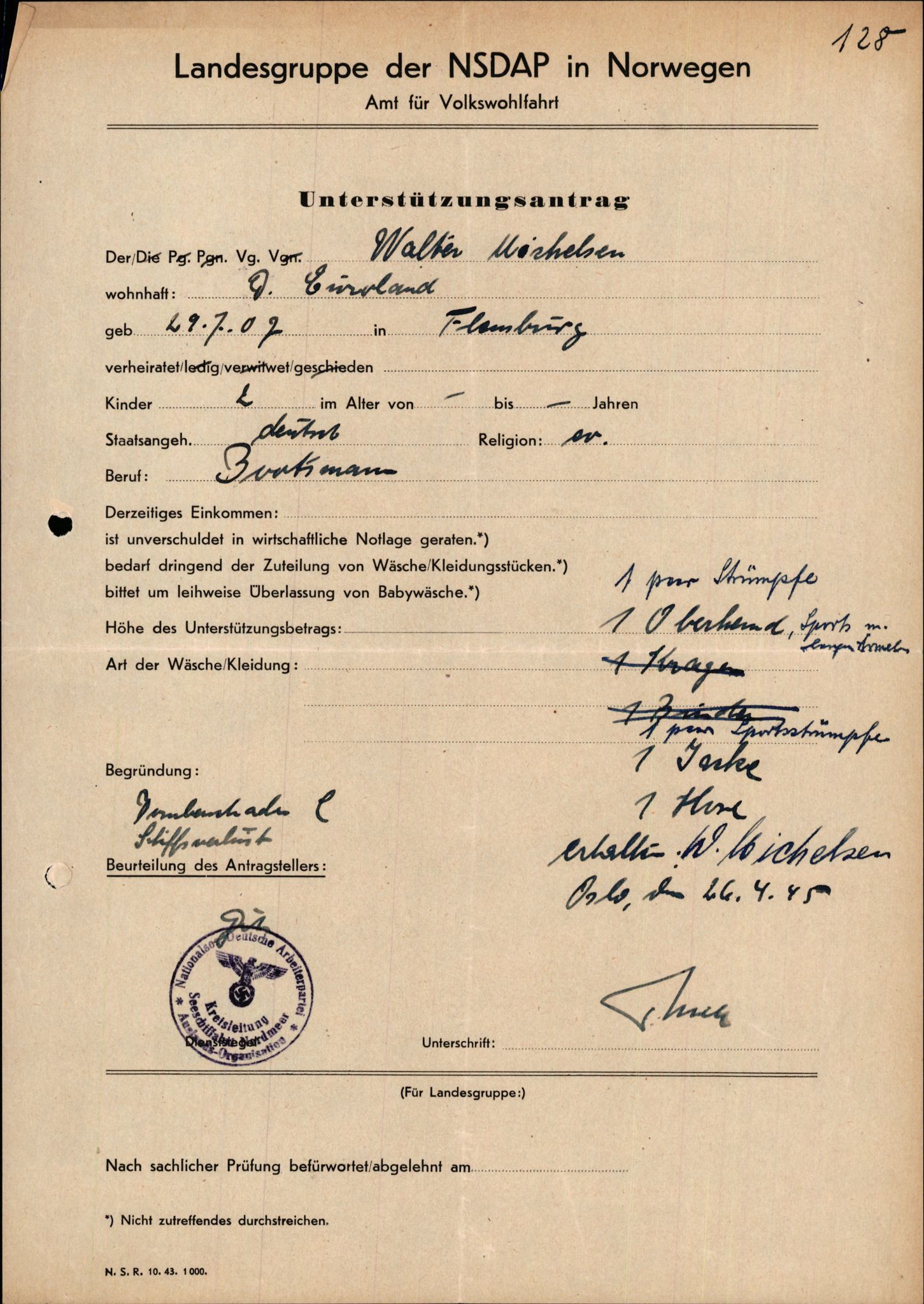 Forsvarets Overkommando. 2 kontor. Arkiv 11.4. Spredte tyske arkivsaker, AV/RA-RAFA-7031/D/Dar/Darb/L0015: Reichskommissariat - NSDAP in Norwegen, 1938-1945, s. 705