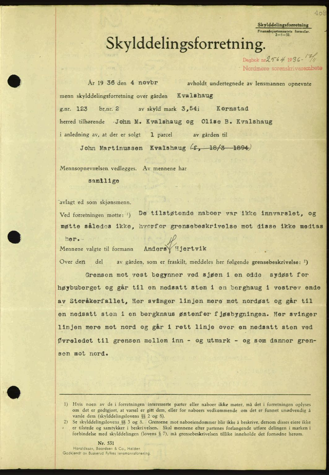 Nordmøre sorenskriveri, SAT/A-4132/1/2/2Ca: Pantebok nr. A80, 1936-1937, Dagboknr: 2564/1936