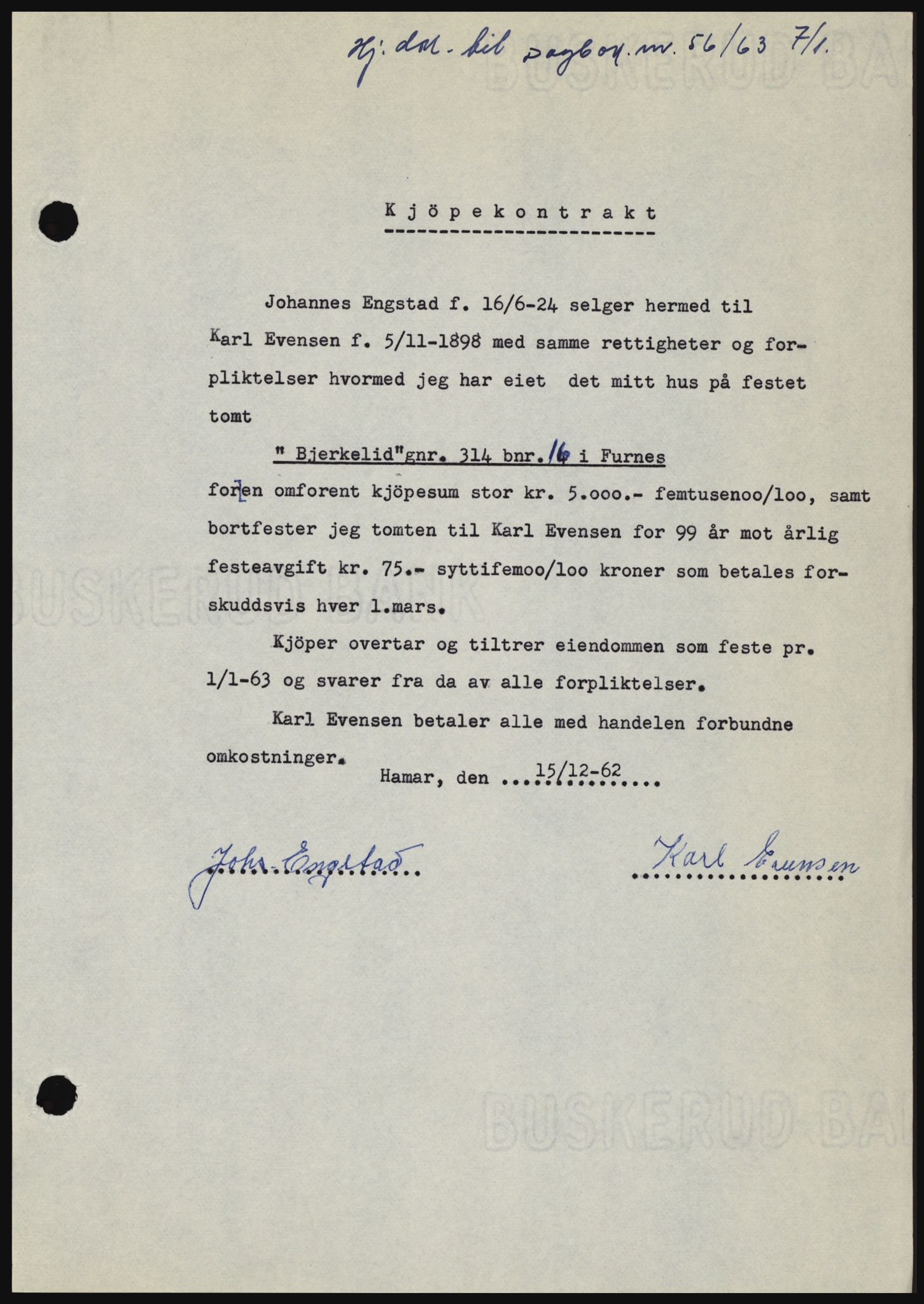 Nord-Hedmark sorenskriveri, SAH/TING-012/H/Hc/L0017: Pantebok nr. 17, 1962-1963, Dagboknr: 56/1963