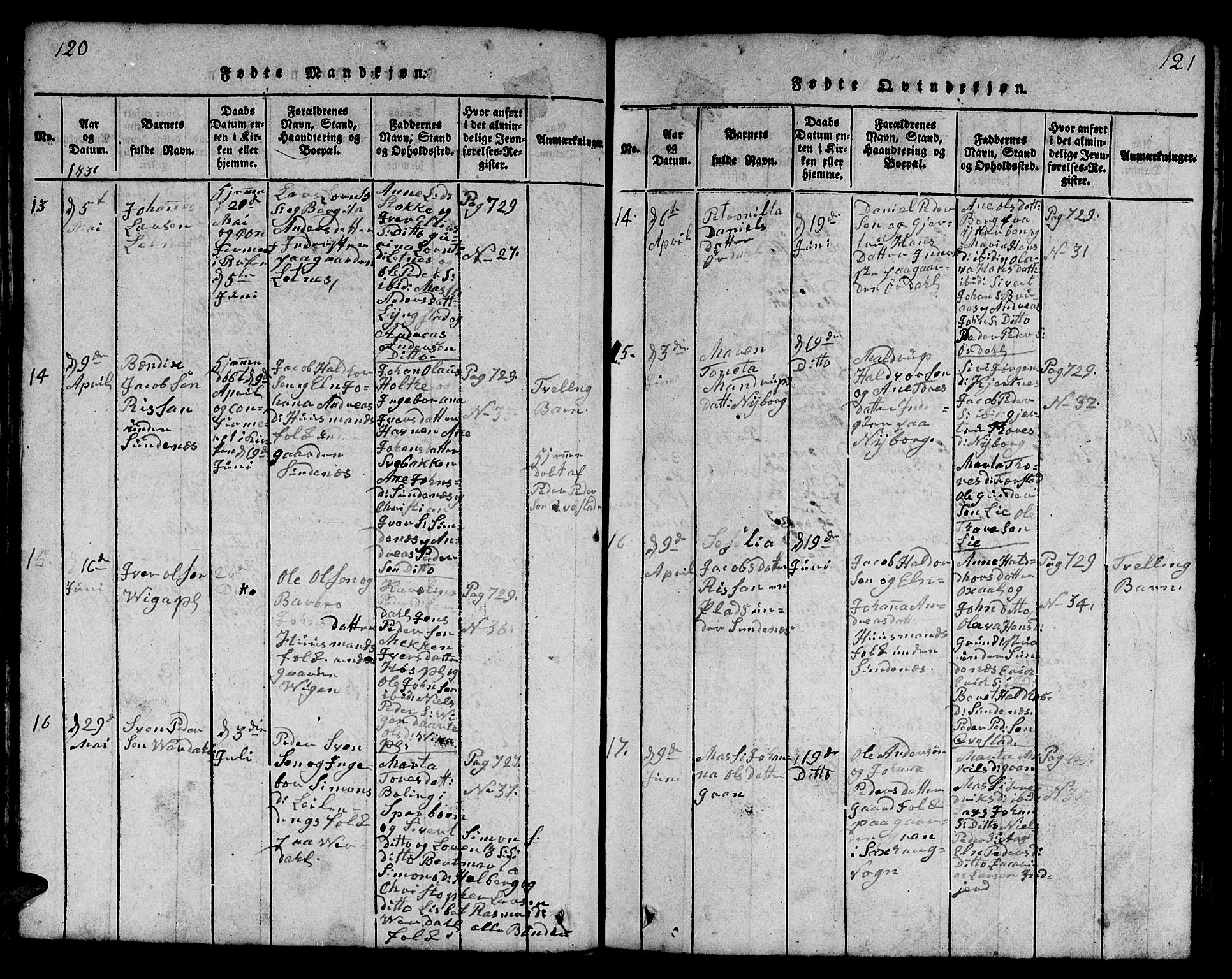 Ministerialprotokoller, klokkerbøker og fødselsregistre - Nord-Trøndelag, SAT/A-1458/730/L0298: Klokkerbok nr. 730C01, 1816-1849, s. 120-121