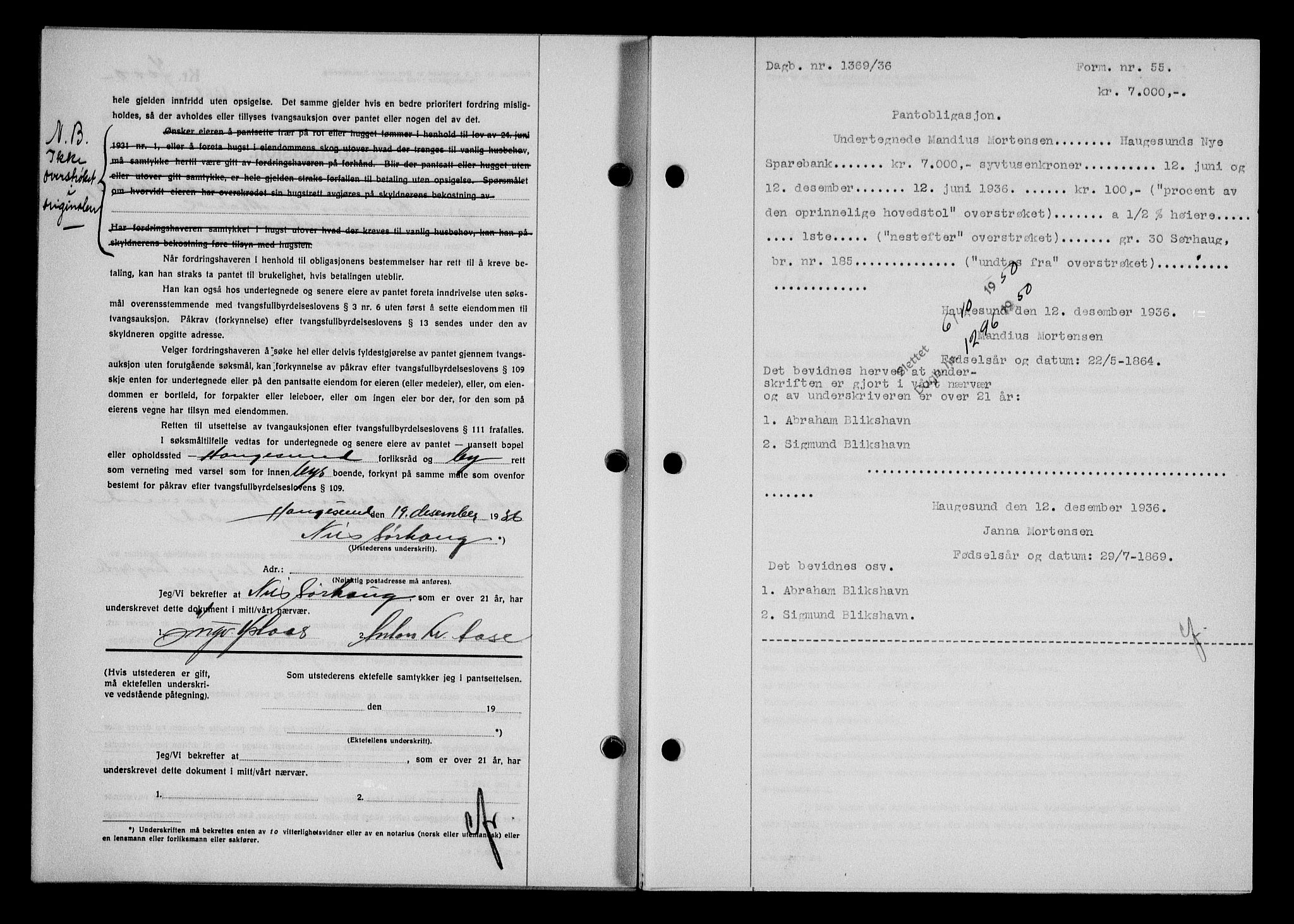 Haugesund tingrett, AV/SAST-A-101415/01/II/IIC/L0031: Pantebok nr. 31, 1936-1938, Dagboknr: 1369/1936