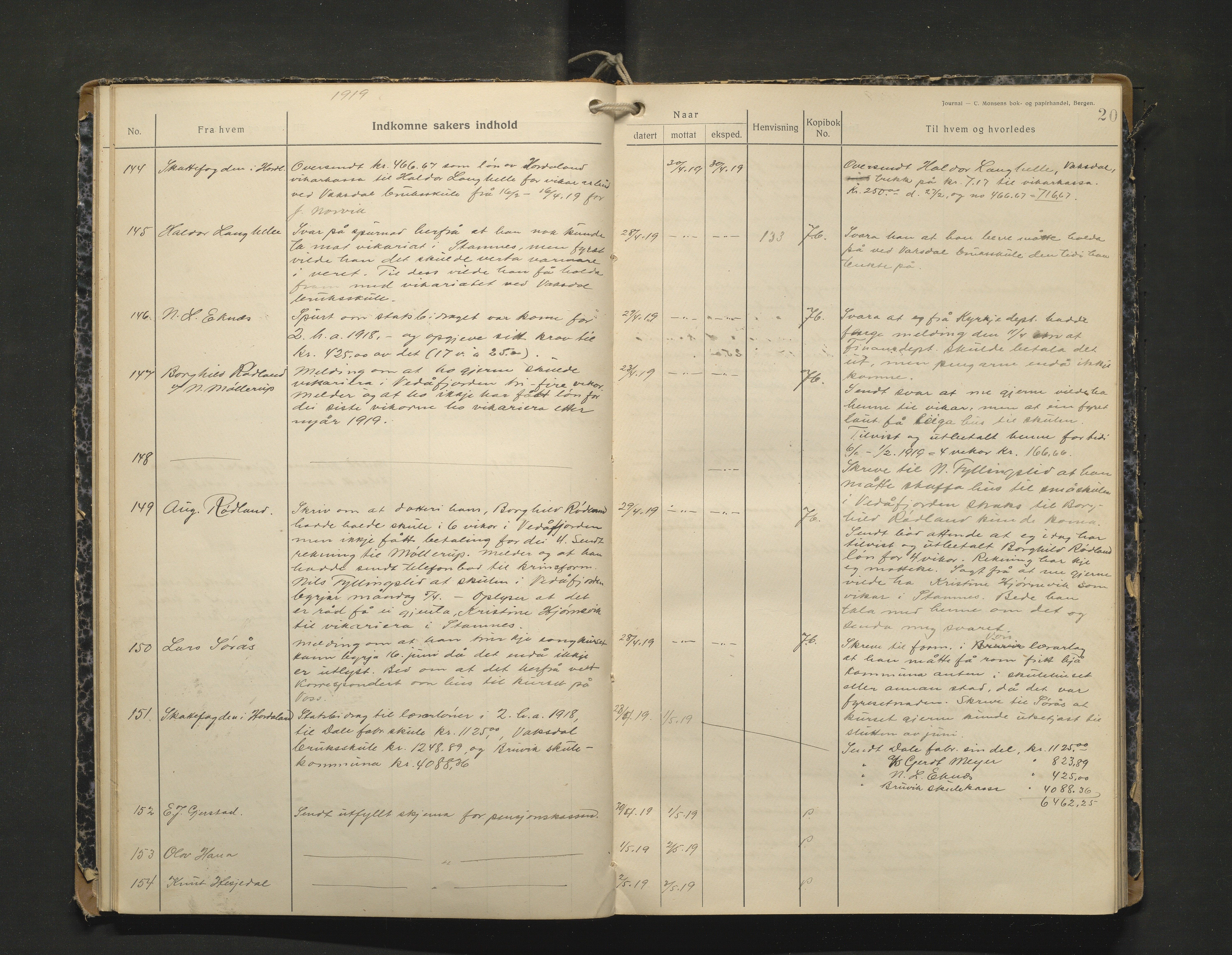 Bruvik kommune. Skulestyre, IKAH/1251a-211/C/Ca/L0003: Postjournal for Bruvik skulestyre, 1918-1920