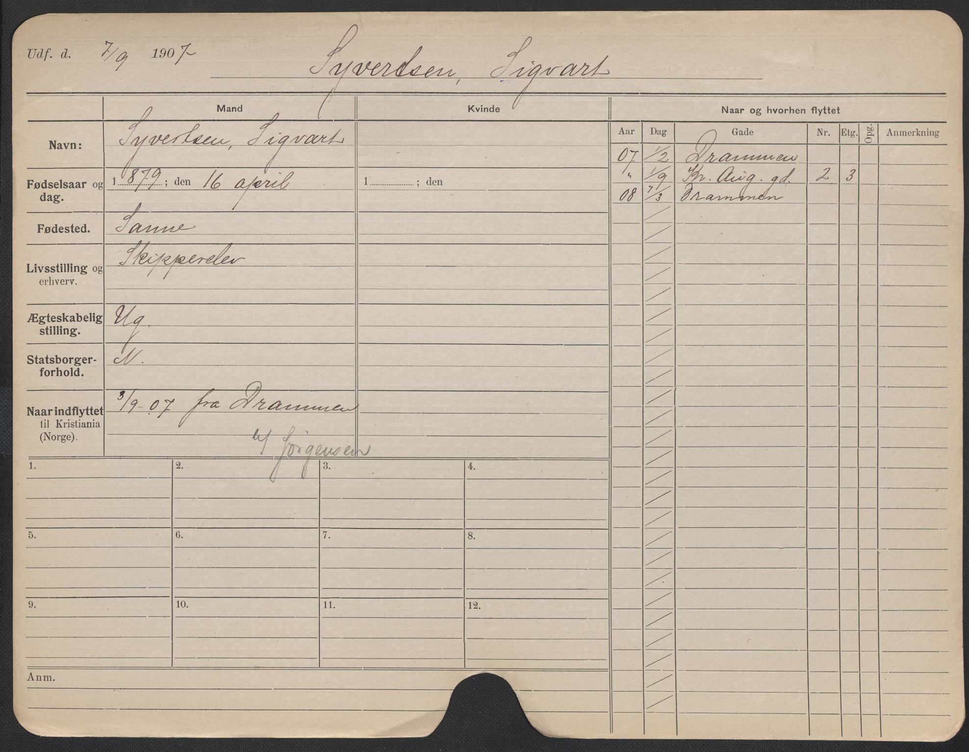 Oslo folkeregister, Registerkort, AV/SAO-A-11715/F/Fa/Fac/L0010: Menn, 1906-1914, s. 1078a