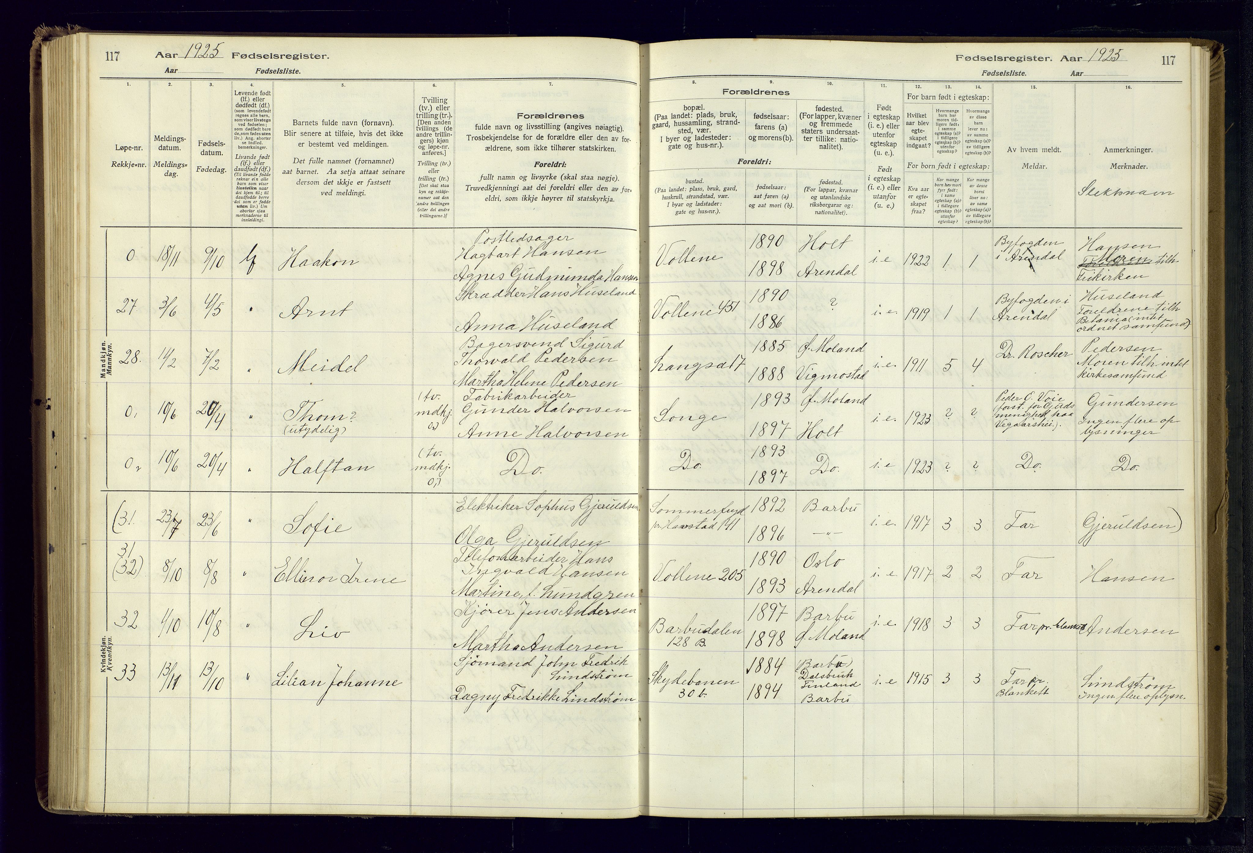 Barbu sokneprestkontor, AV/SAK-1111-0003/J/Ja/L0001: Fødselsregister nr. A-VIII-1, 1916-1937, s. 117