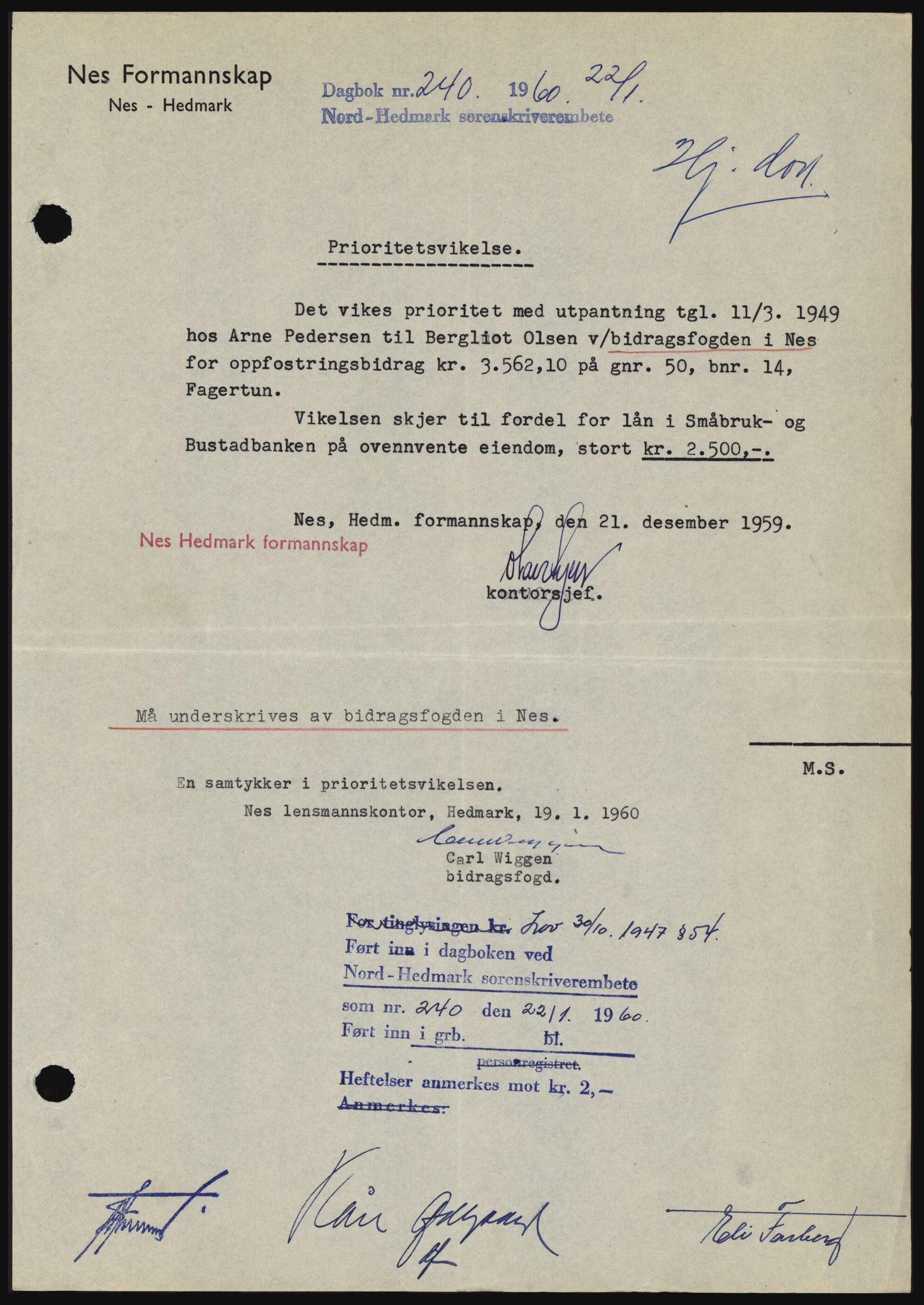 Nord-Hedmark sorenskriveri, SAH/TING-012/H/Hc/L0013: Pantebok nr. 13, 1959-1960, Dagboknr: 240/1960