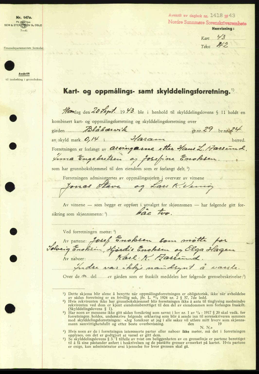 Nordre Sunnmøre sorenskriveri, SAT/A-0006/1/2/2C/2Ca: Pantebok nr. A16, 1943-1943, Dagboknr: 1418/1943