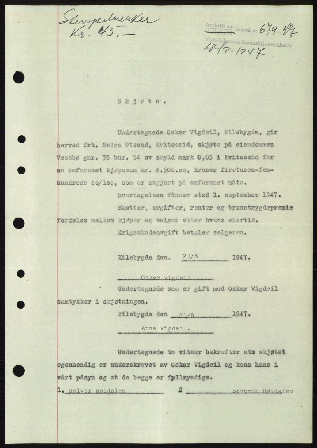 Vest-Telemark sorenskriveri, SAKO/A-134/G/Ga/Gac/L0008: Pantebok nr. A-8, 1947-1948, Dagboknr: 679/1947