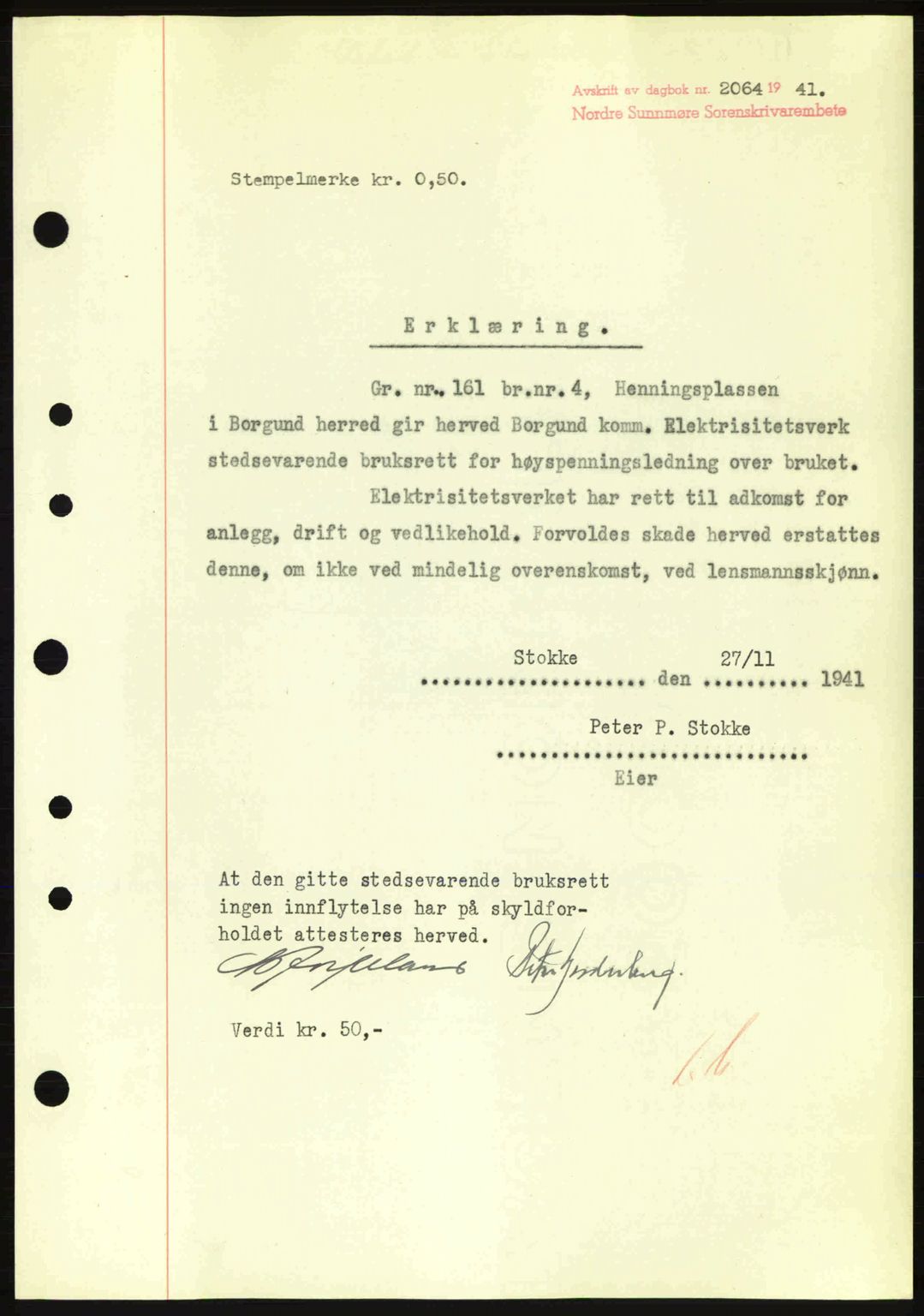 Nordre Sunnmøre sorenskriveri, AV/SAT-A-0006/1/2/2C/2Ca: Pantebok nr. A12, 1941-1942, Dagboknr: 2064/1941