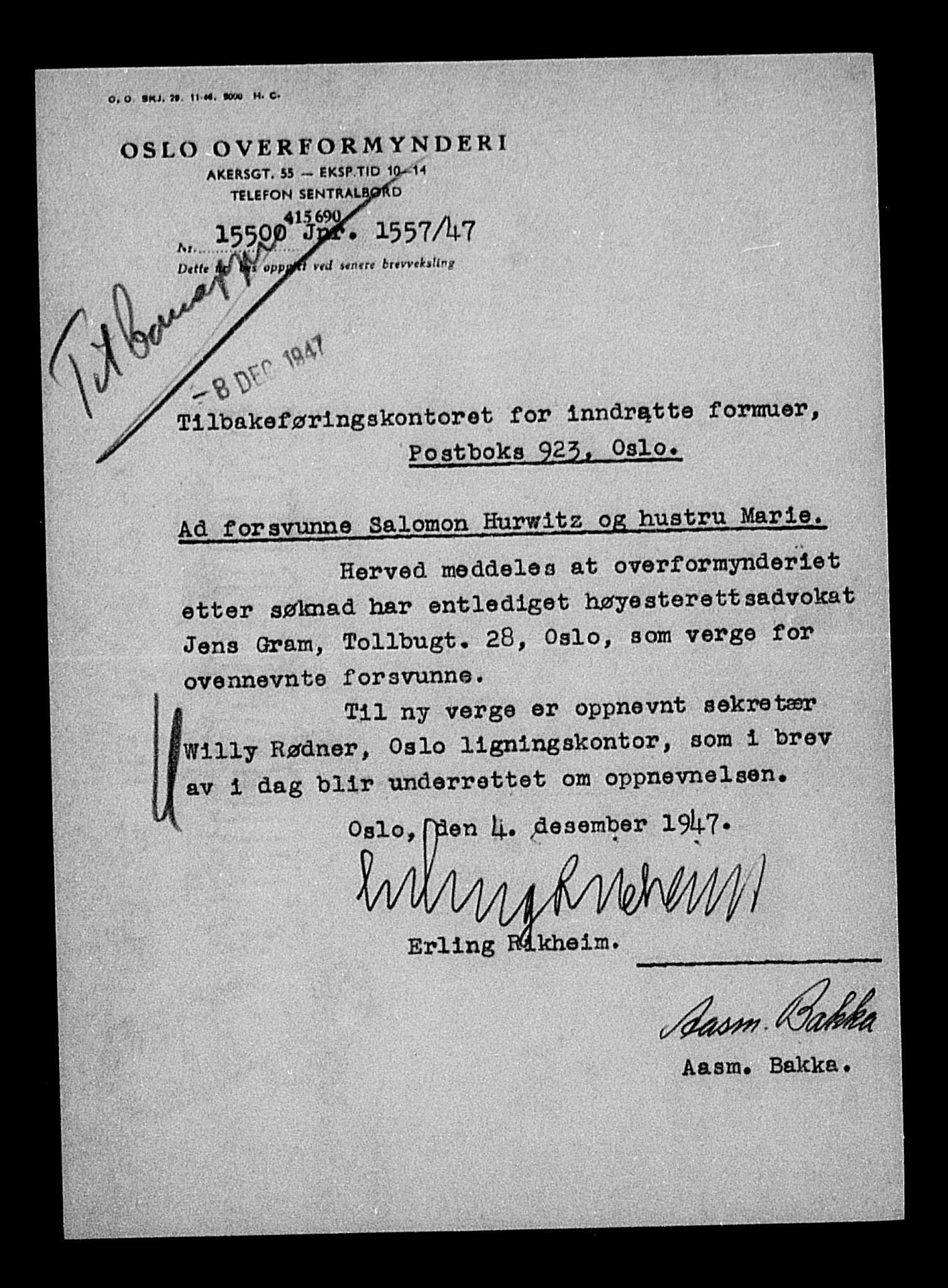 Justisdepartementet, Tilbakeføringskontoret for inndratte formuer, AV/RA-S-1564/H/Hc/Hcc/L0945: --, 1945-1947, s. 4