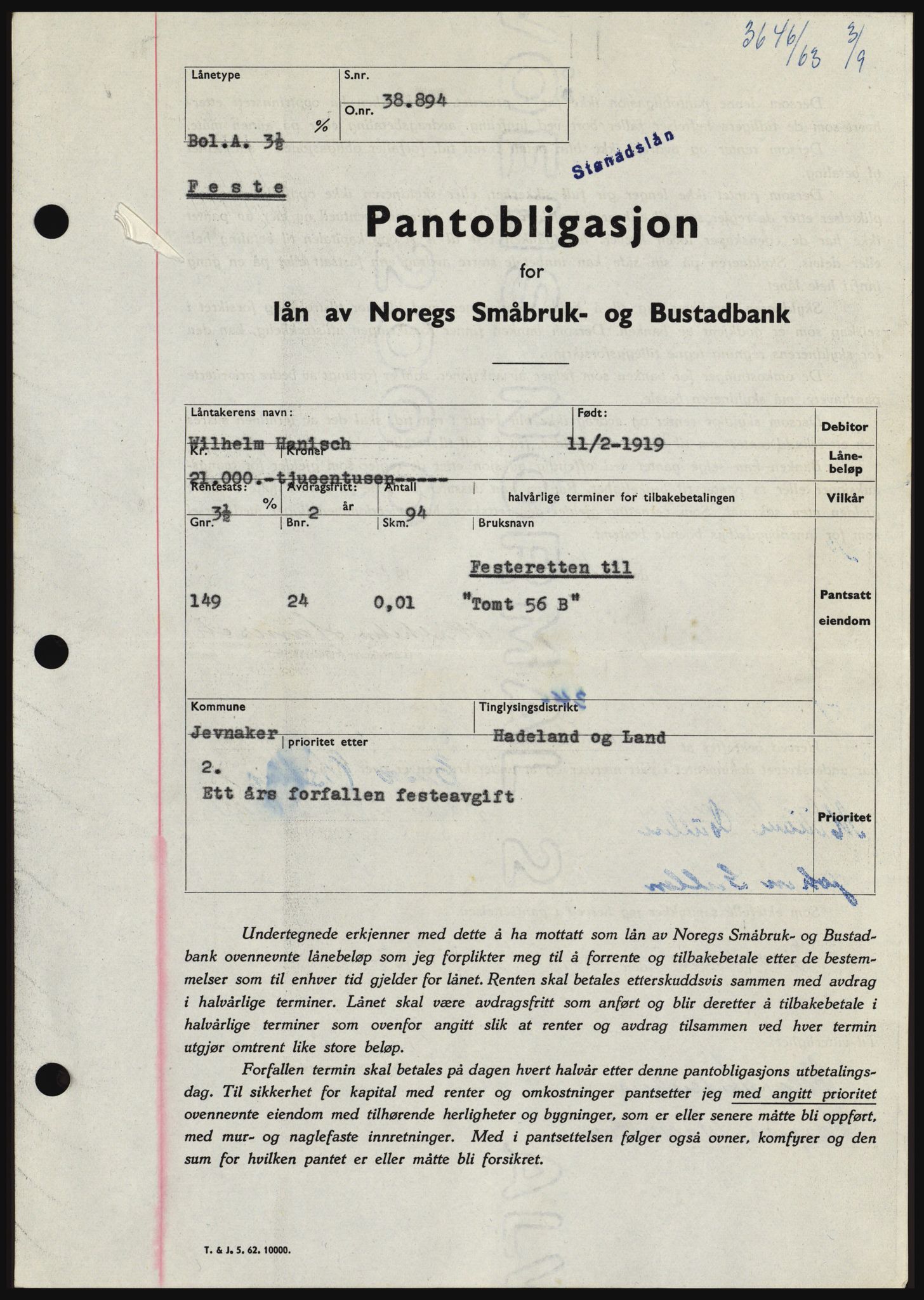 Hadeland og Land tingrett, SAH/TING-010/H/Hb/Hbc/L0052: Pantebok nr. B52, 1963-1963, Dagboknr: 3646/1963