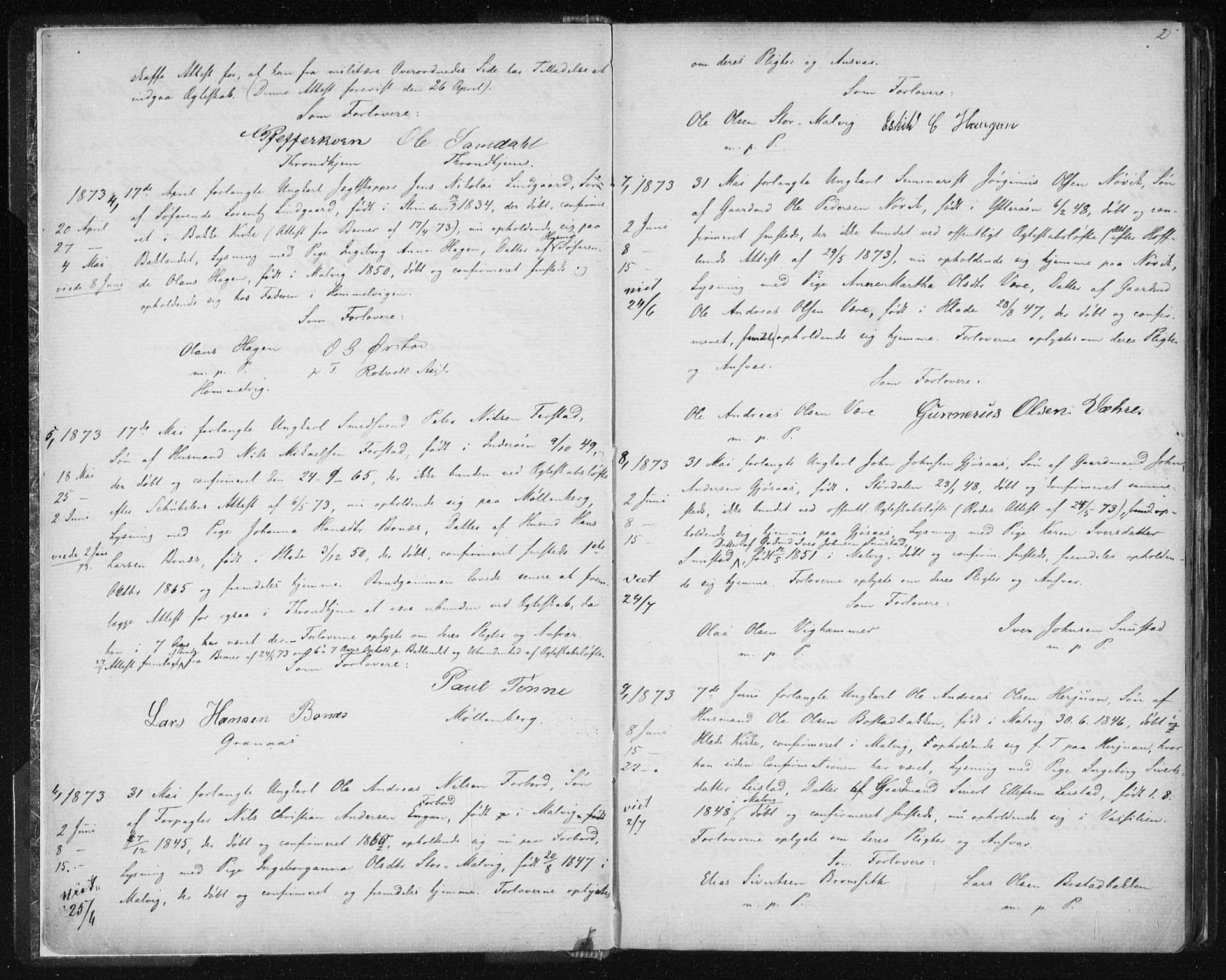 Ministerialprotokoller, klokkerbøker og fødselsregistre - Sør-Trøndelag, SAT/A-1456/606/L0299: Lysningsprotokoll nr. 606A14, 1873-1889, s. 2