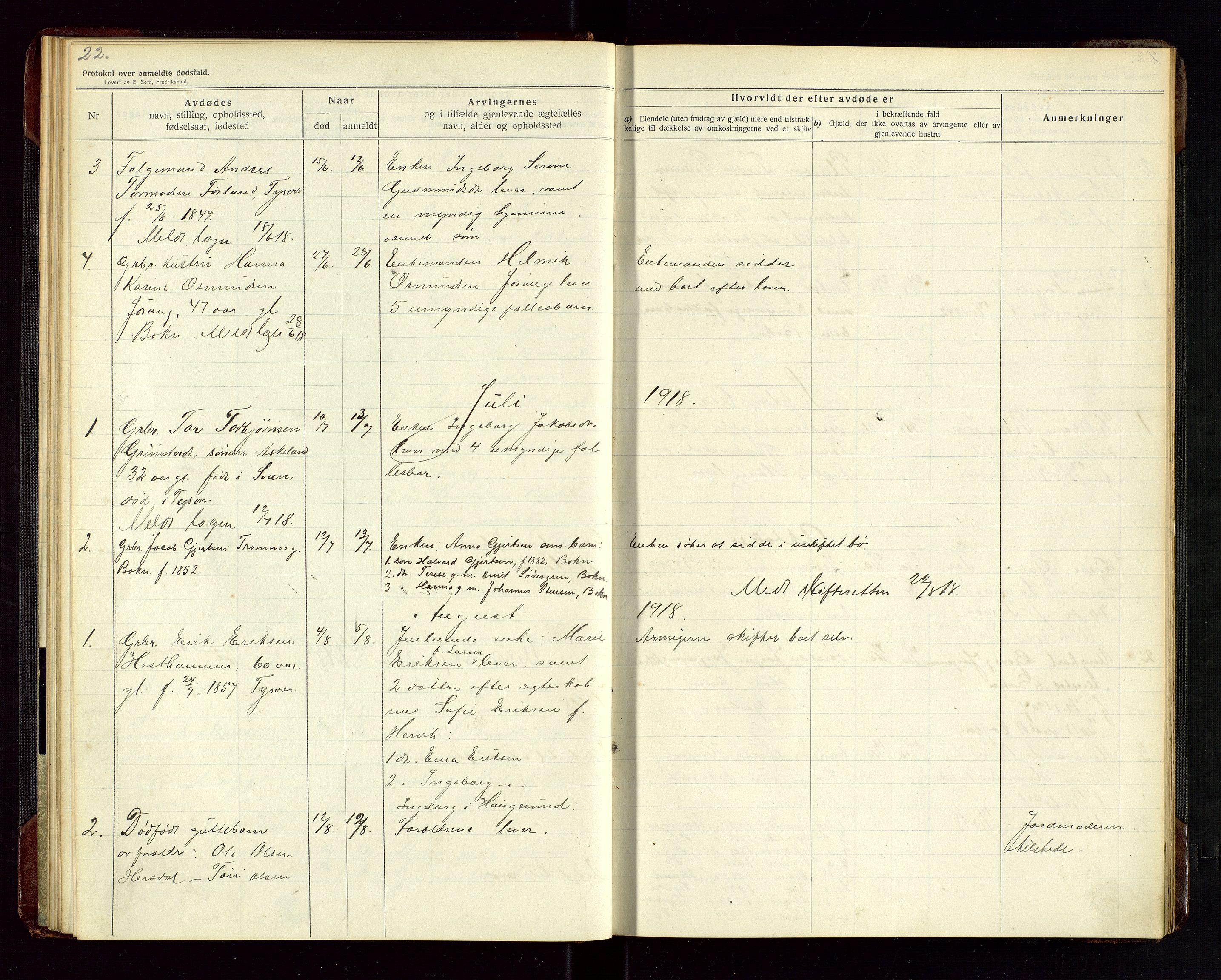 Tysvær lensmannskontor, AV/SAST-A-100192/Gga/L0003: "Protokol over anmeldte dødsfald i Tysvær" med register, 1916-1926, s. 22