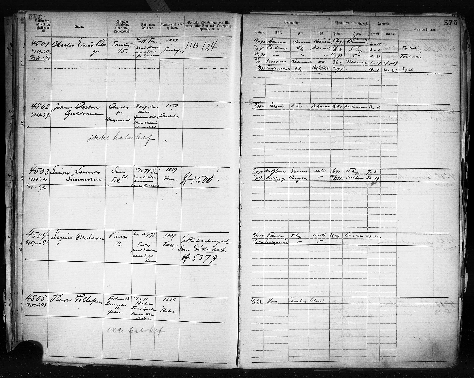 Tønsberg innrulleringskontor, SAKO/A-786/F/Fb/L0003: Annotasjonsrulle Patent nr. 2646-5149, 1881-1892, s. 384