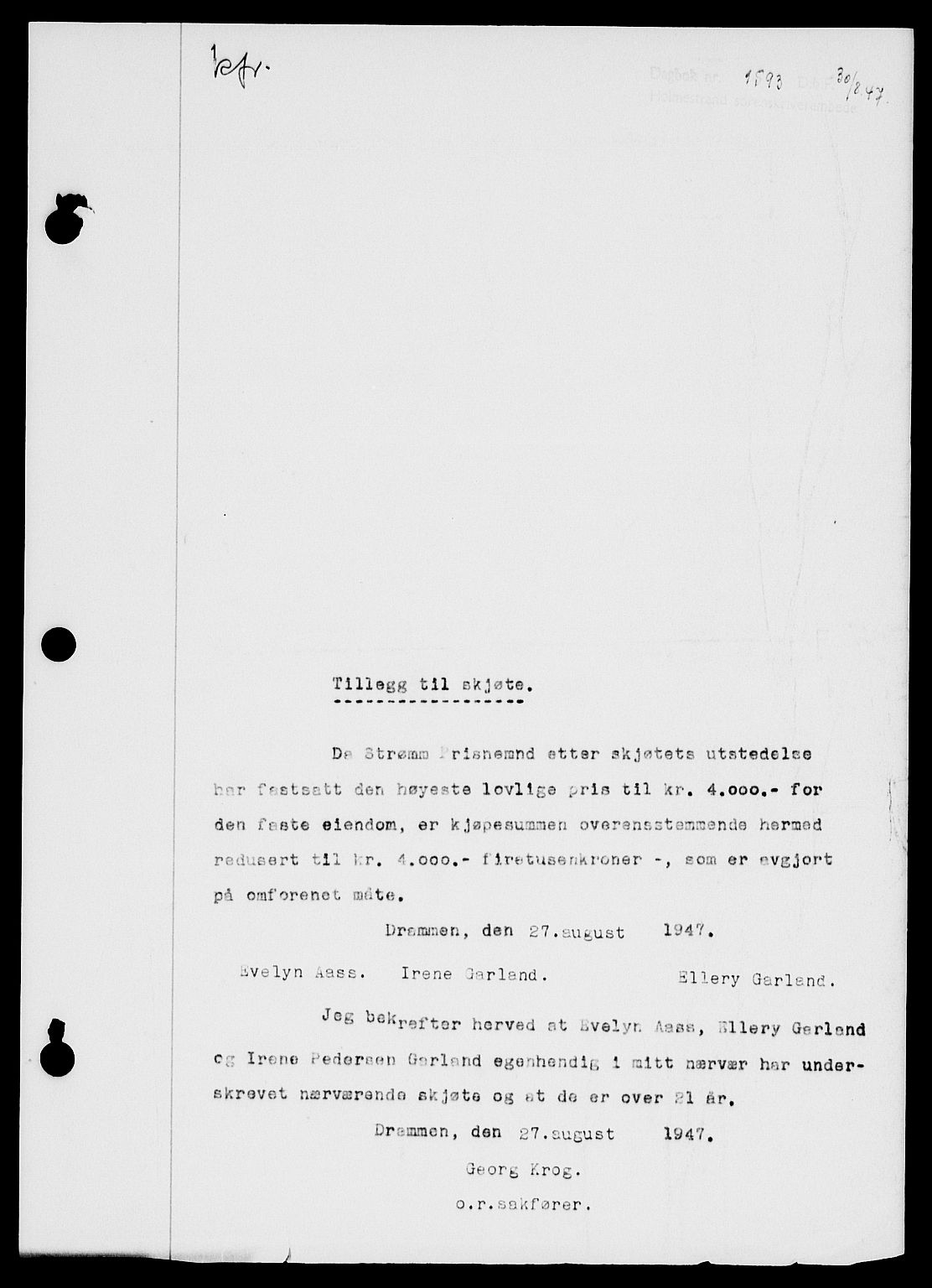 Holmestrand sorenskriveri, SAKO/A-67/G/Ga/Gaa/L0062: Pantebok nr. A-62, 1947-1947, Dagboknr: 1593/1947