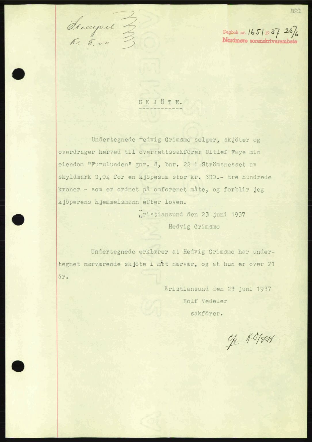 Nordmøre sorenskriveri, SAT/A-4132/1/2/2Ca: Pantebok nr. A81, 1937-1937, Dagboknr: 1651/1937