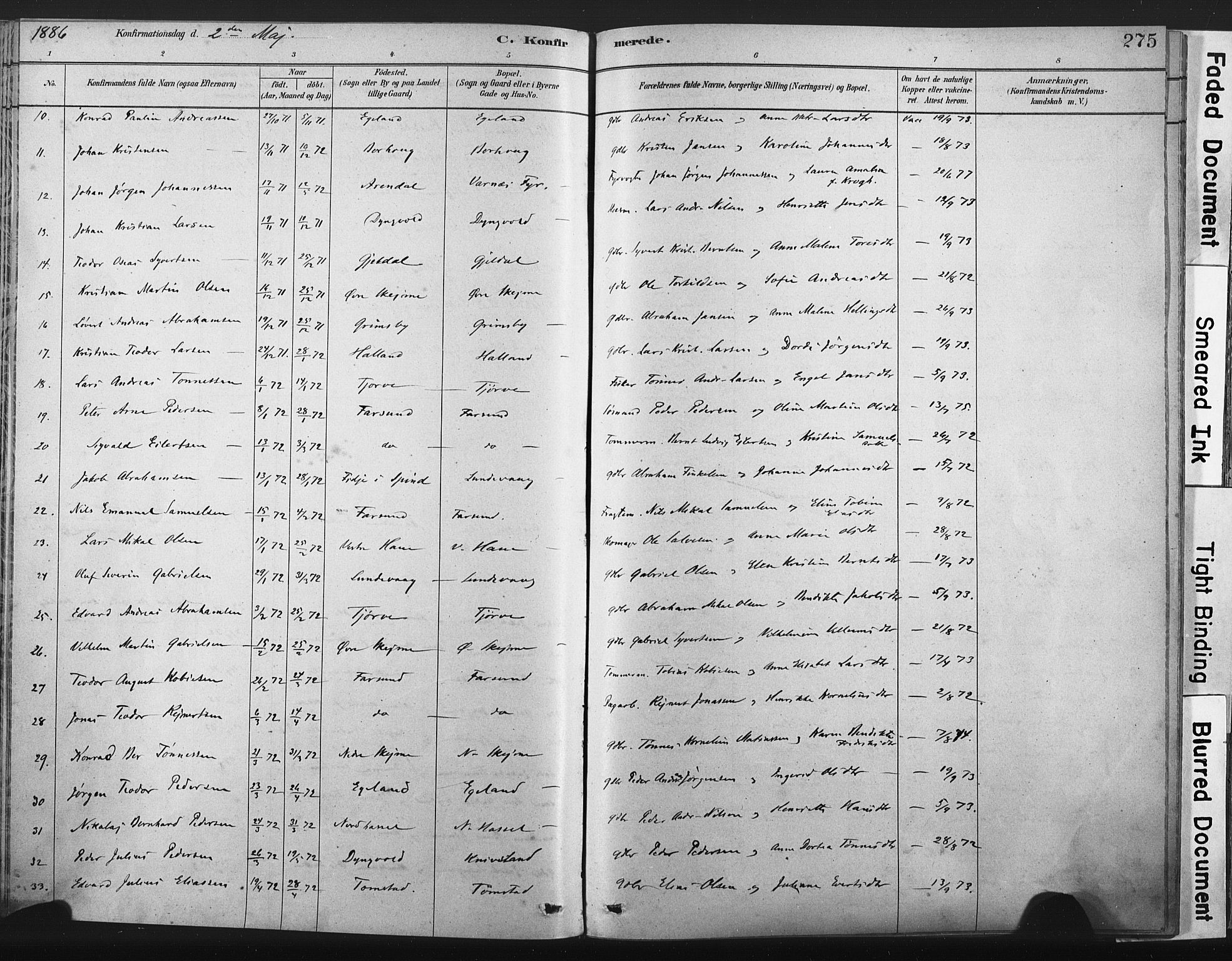 Lista sokneprestkontor, SAK/1111-0027/F/Fa/L0012: Ministerialbok nr. A 12, 1879-1903, s. 275