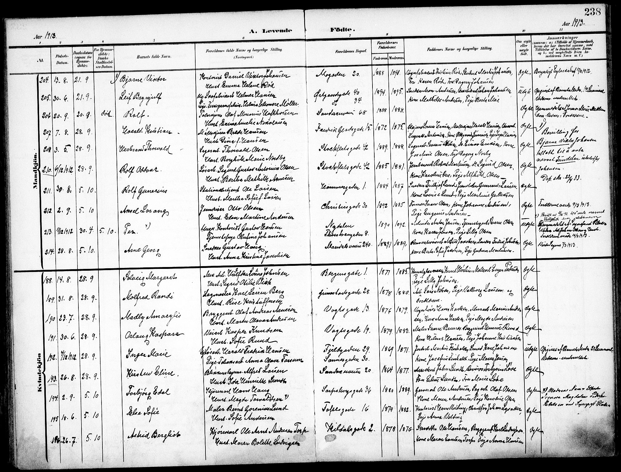 Sagene prestekontor Kirkebøker, AV/SAO-A-10796/F/L0007: Ministerialbok nr. 7, 1905-1915, s. 238
