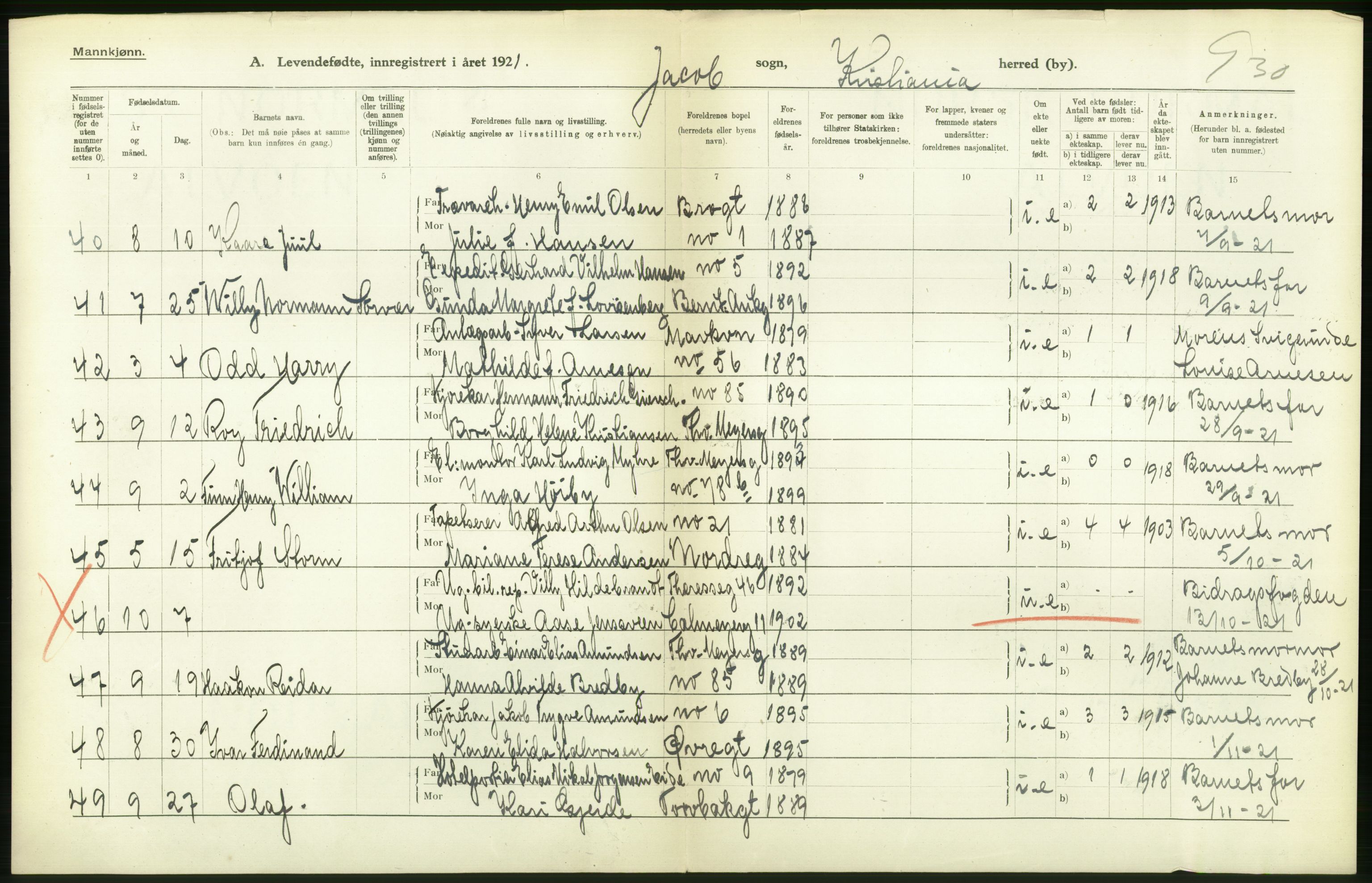 Statistisk sentralbyrå, Sosiodemografiske emner, Befolkning, RA/S-2228/D/Df/Dfc/Dfca/L0010: Kristiania: Levendefødte menn og kvinner., 1921, s. 420