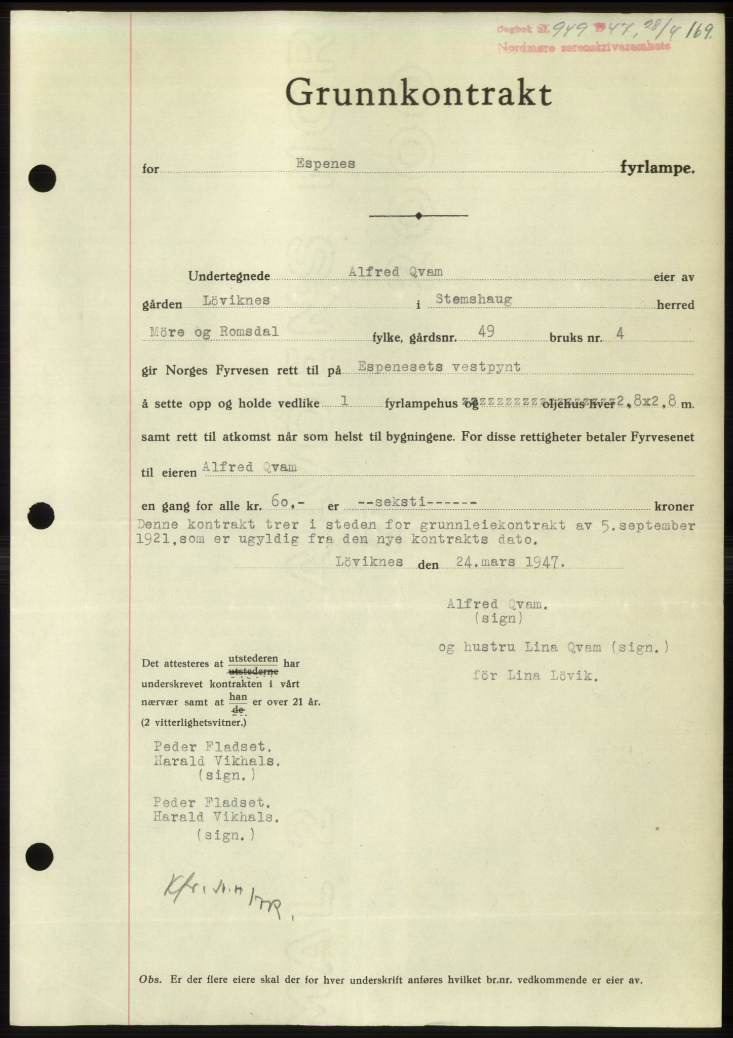 Nordmøre sorenskriveri, SAT/A-4132/1/2/2Ca: Pantebok nr. B96, 1947-1947, Dagboknr: 949/1947