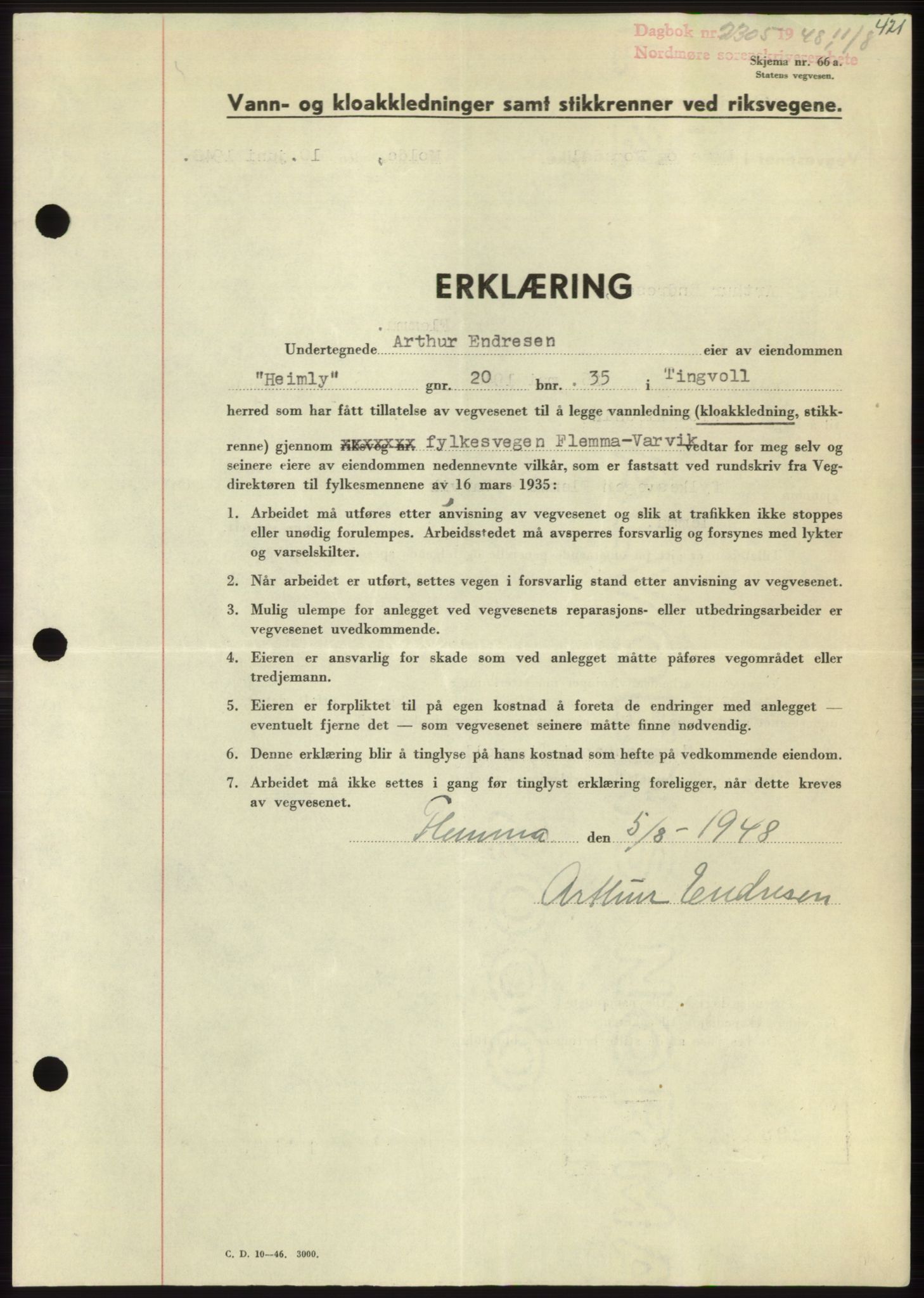 Nordmøre sorenskriveri, SAT/A-4132/1/2/2Ca: Pantebok nr. B99, 1948-1948, Dagboknr: 2305/1948