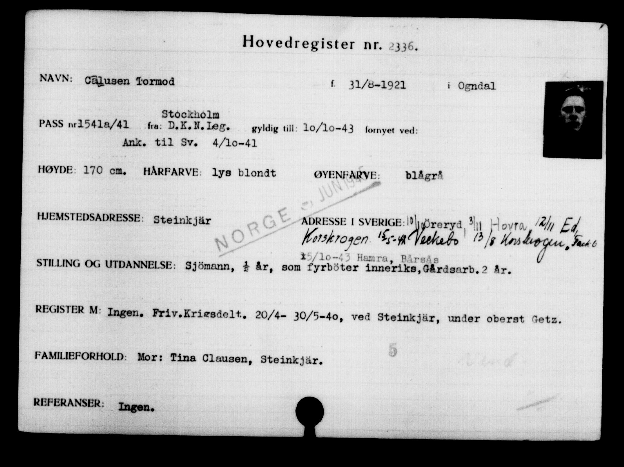 Utenriksstasjonene, Legasjonen i Stockholm, Flyktningkontoret, AV/RA-S-6753/V/Va/L0003: Kjesäterkartoteket, flyktninger med registreringsnr. 2001-3495, 1940-1945, s. 473