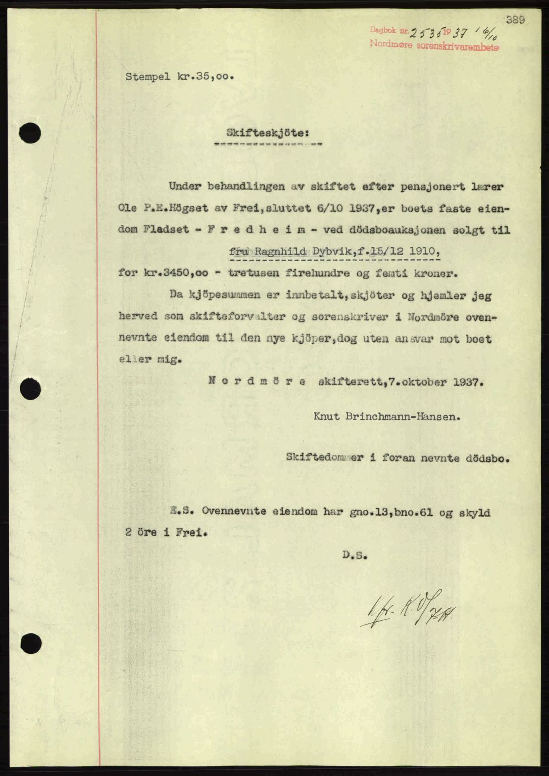 Nordmøre sorenskriveri, SAT/A-4132/1/2/2Ca: Pantebok nr. A82, 1937-1938, Dagboknr: 2535/1937