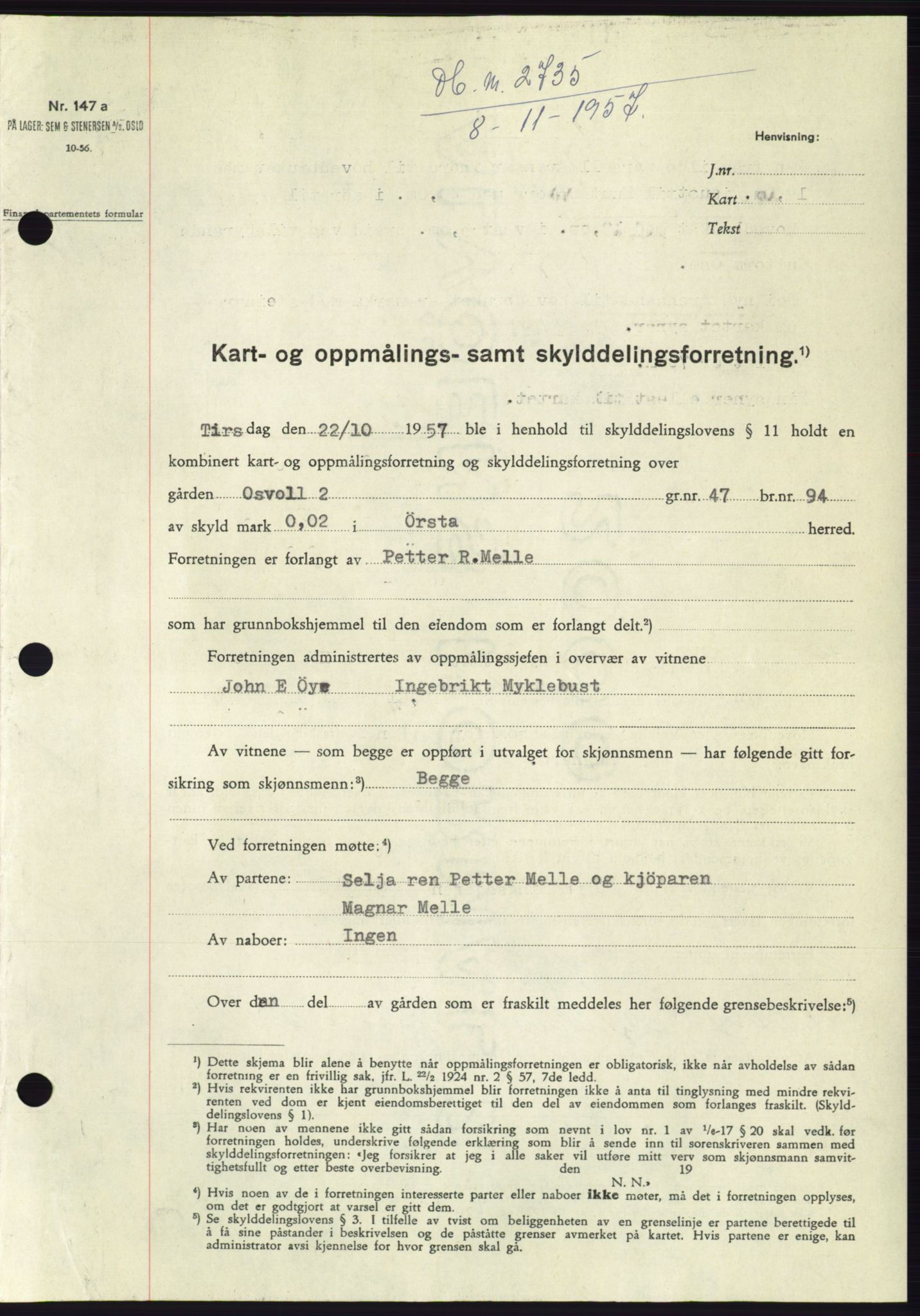 Søre Sunnmøre sorenskriveri, SAT/A-4122/1/2/2C/L0108: Pantebok nr. 34A, 1957-1958, Dagboknr: 2735/1957