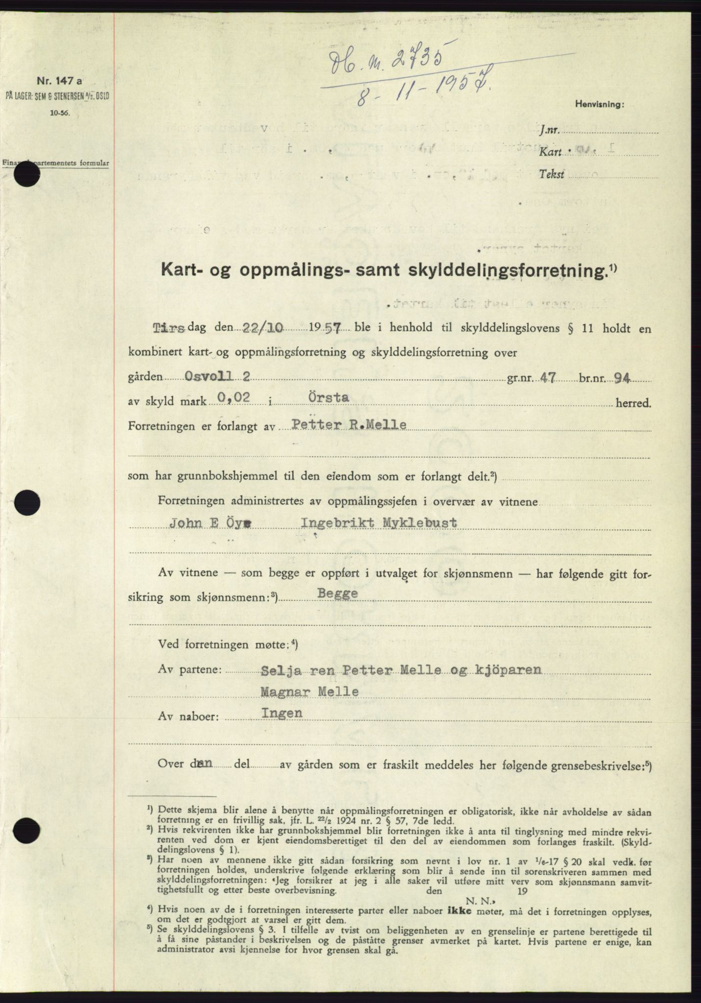 Søre Sunnmøre sorenskriveri, AV/SAT-A-4122/1/2/2C/L0108: Pantebok nr. 34A, 1957-1958, Dagboknr: 2735/1957