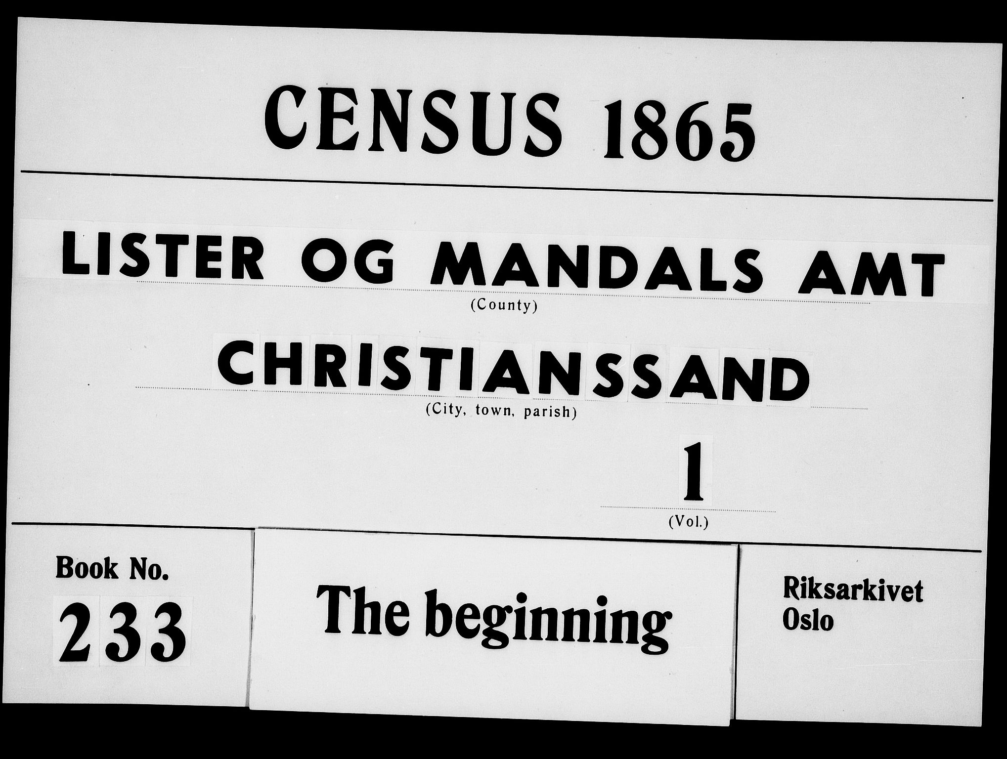 RA, Folketelling 1865 for 1001P Kristiansand prestegjeld, 1865, s. 1