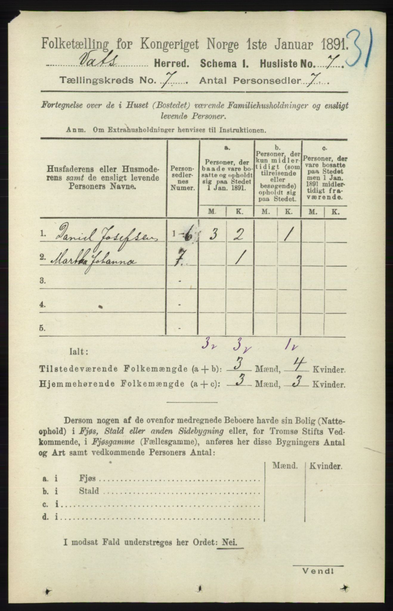 RA, Folketelling 1891 for 1155 Vats herred, 1891, s. 1066