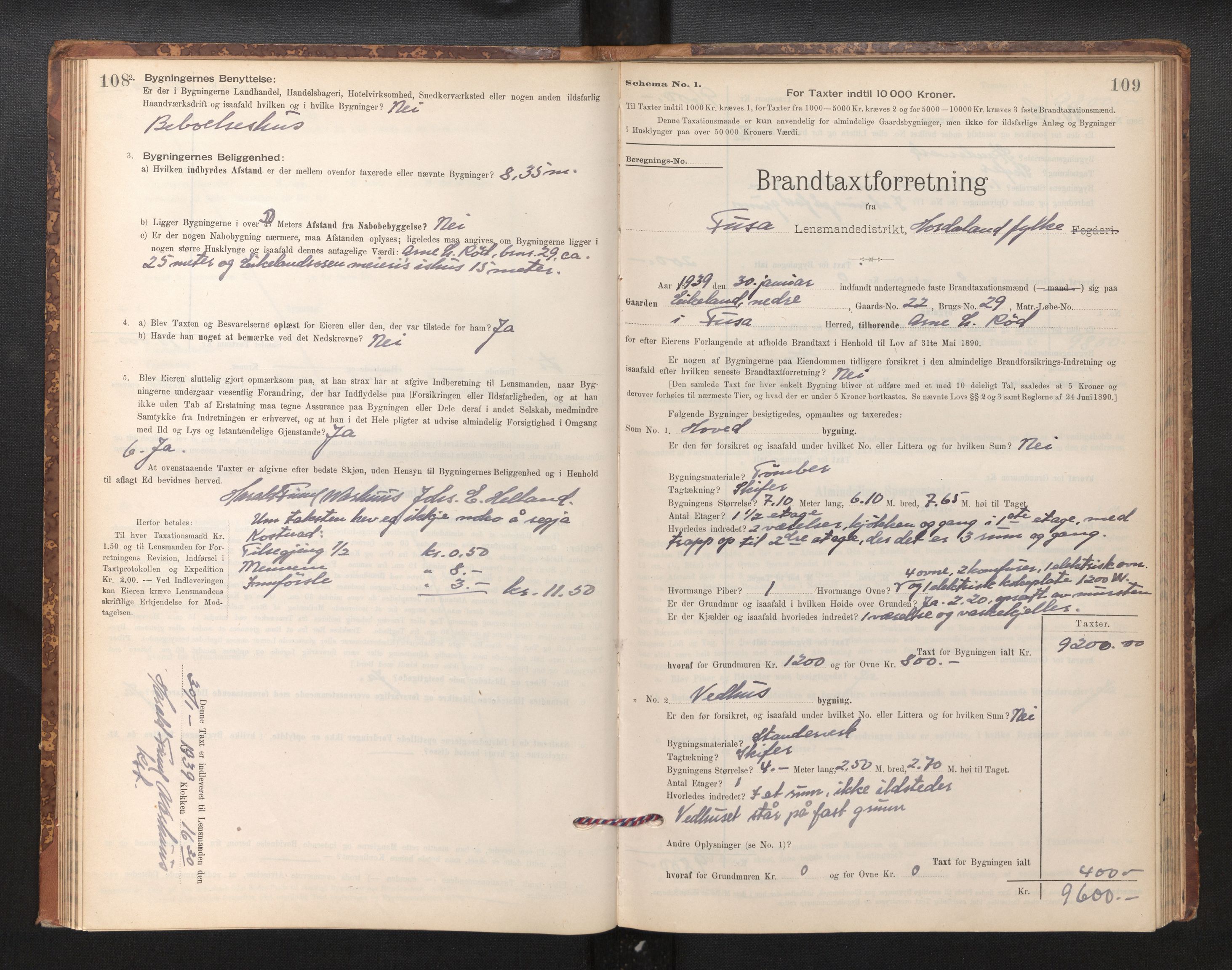 Lensmannen i Fusa, AV/SAB-A-32401/1/0012/L0003: Branntakstprotokoll, skjematakst, 1895-1950, s. 108-109