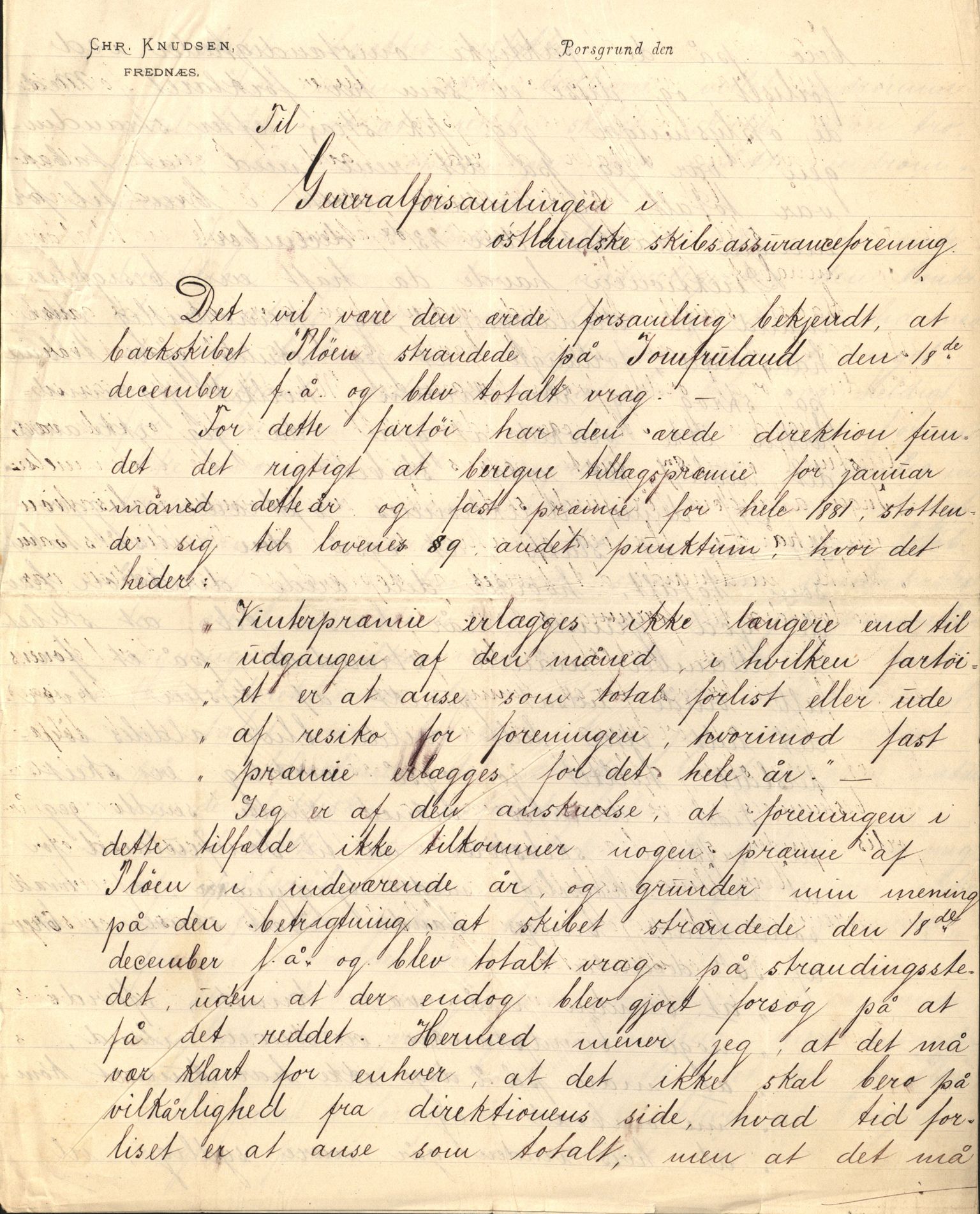 Pa 63 - Østlandske skibsassuranceforening, VEMU/A-1079/G/Ga/L0012/0003: Havaridokumenter / Pløen, 1880
