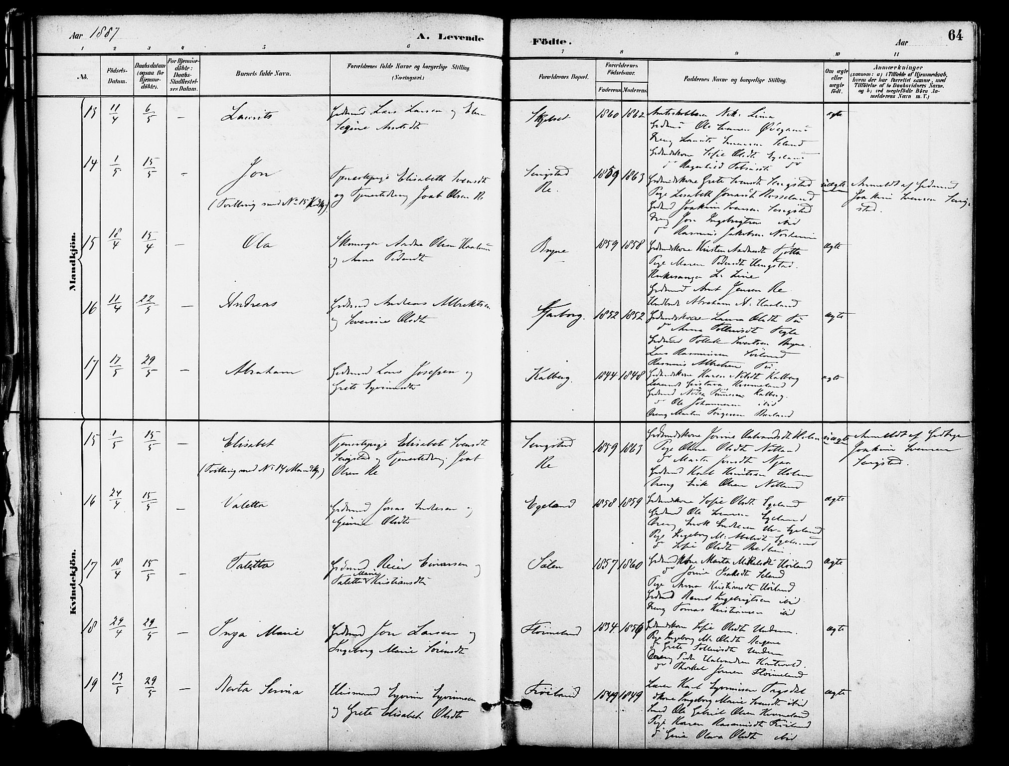 Lye sokneprestkontor, AV/SAST-A-101794/001/30BA/L0009: Ministerialbok nr. A 8, 1881-1892, s. 64