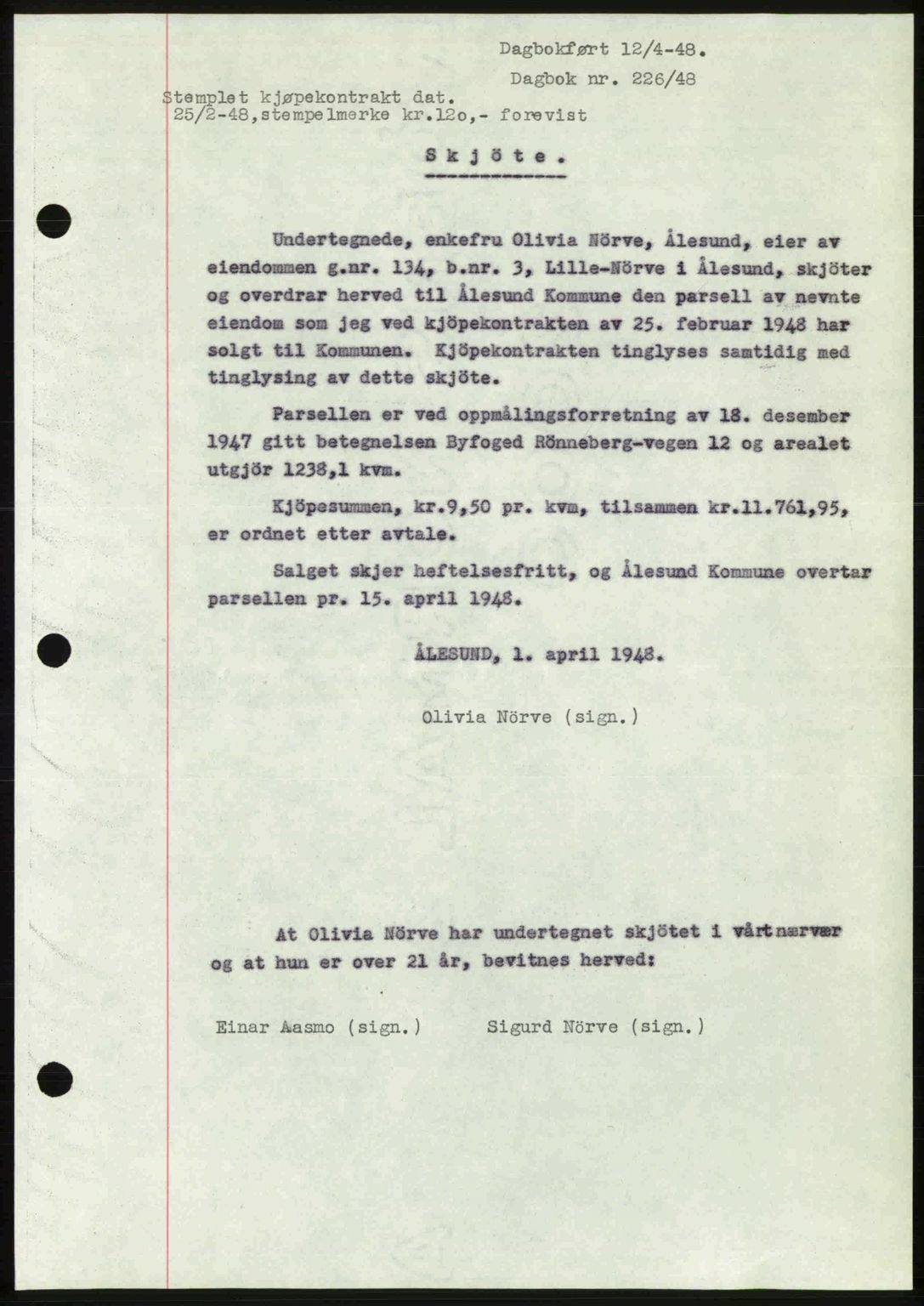 Ålesund byfogd, AV/SAT-A-4384: Pantebok nr. 37A (1), 1947-1949, Dagboknr: 226/1948
