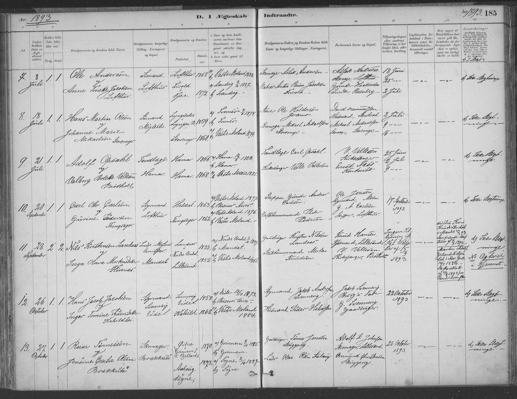 Vestre Moland sokneprestkontor, SAK/1111-0046/F/Fa/Fab/L0009: Ministerialbok nr. A 9, 1884-1899, s. 185