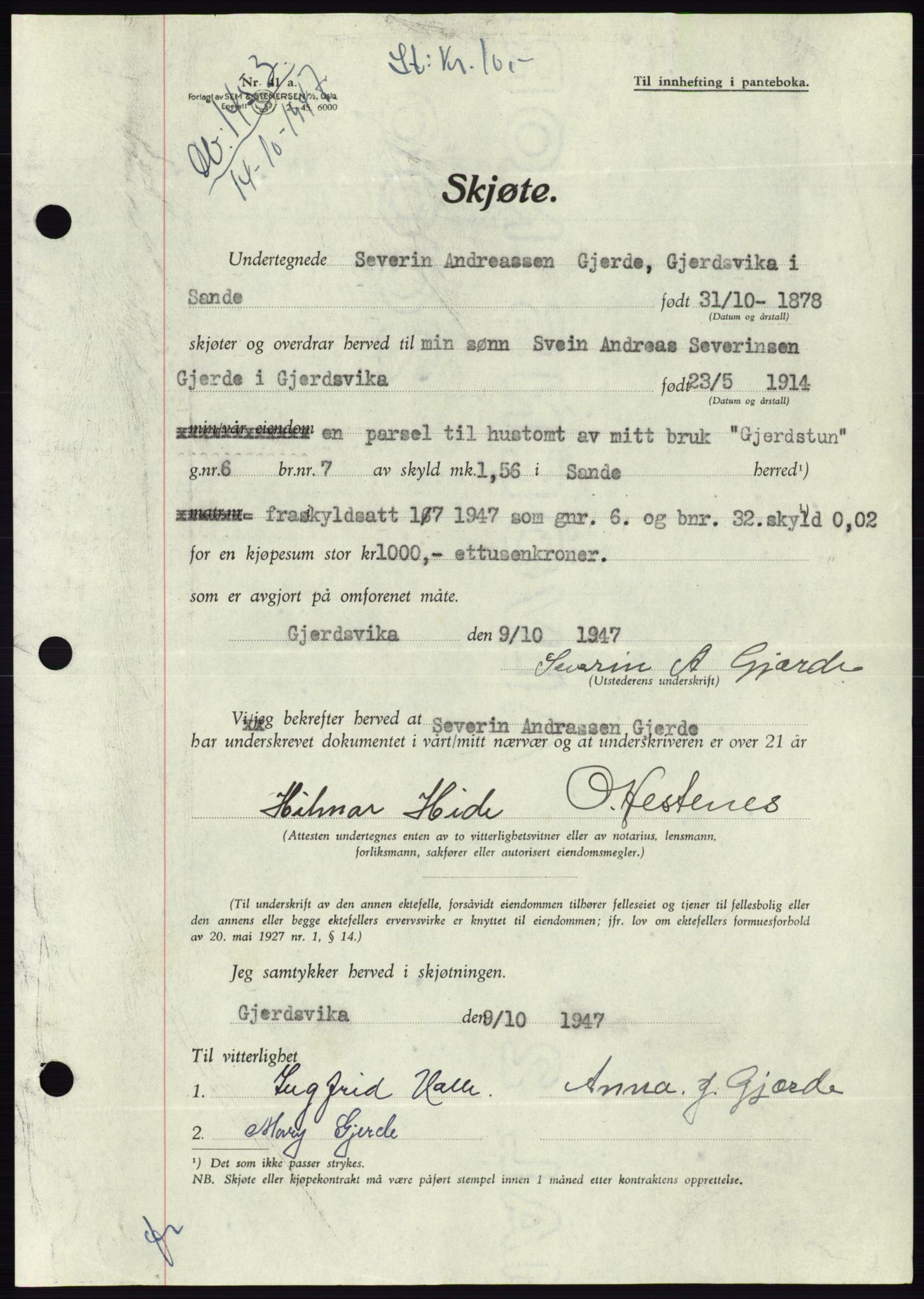 Søre Sunnmøre sorenskriveri, AV/SAT-A-4122/1/2/2C/L0081: Pantebok nr. 7A, 1947-1948, Dagboknr: 1453/1947