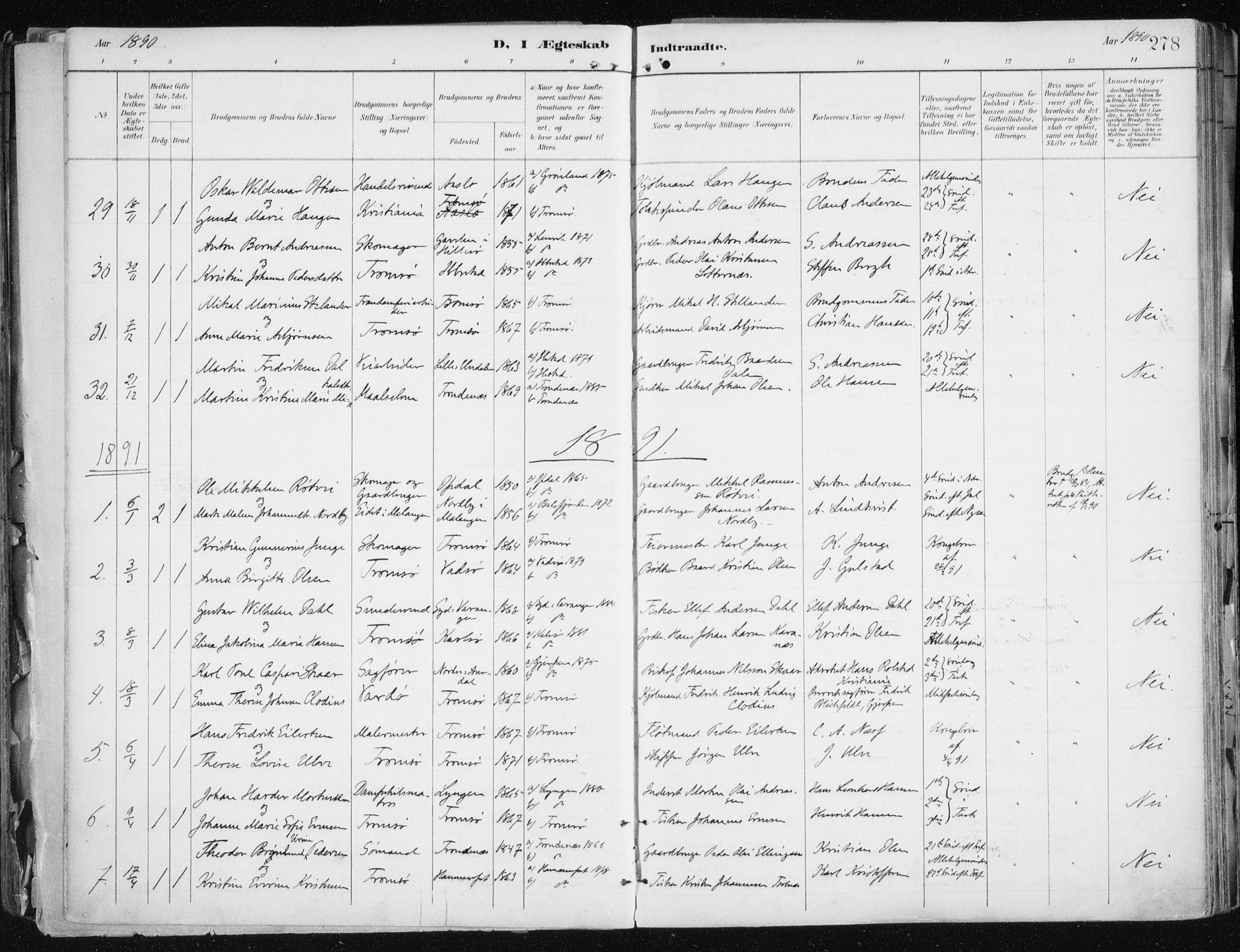Tromsø sokneprestkontor/stiftsprosti/domprosti, AV/SATØ-S-1343/G/Ga/L0015kirke: Ministerialbok nr. 15, 1889-1899, s. 278