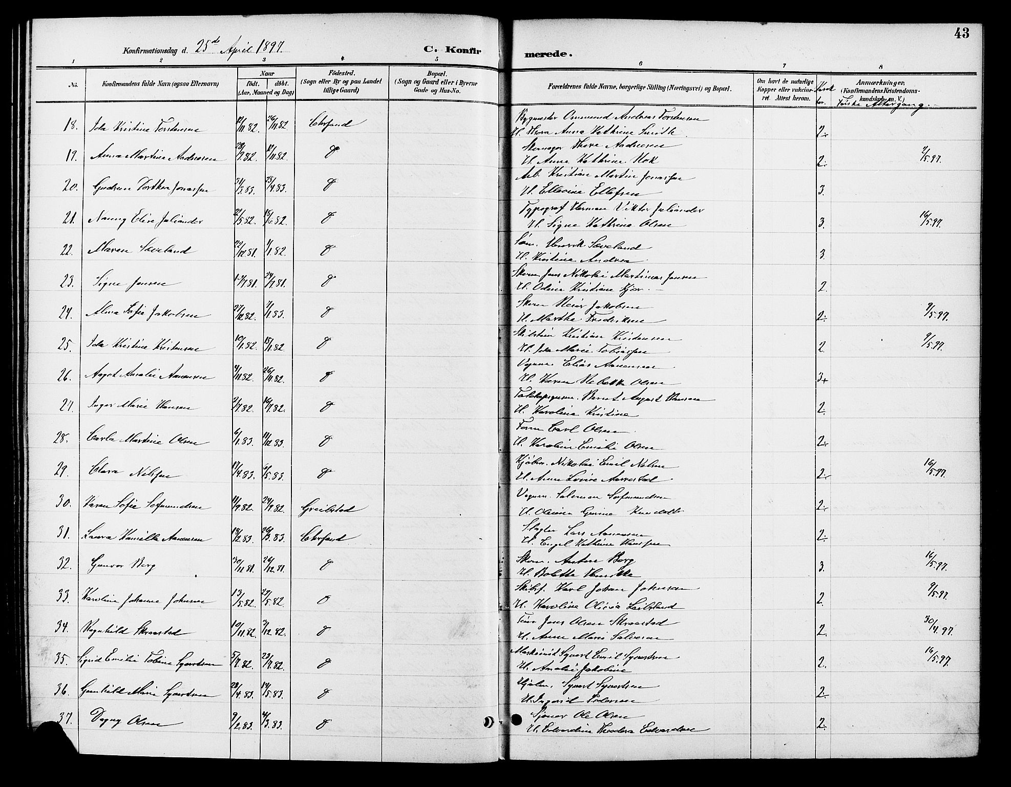 Kristiansand domprosti, AV/SAK-1112-0006/F/Fb/L0017: Klokkerbok nr. B 17, 1893-1906, s. 43