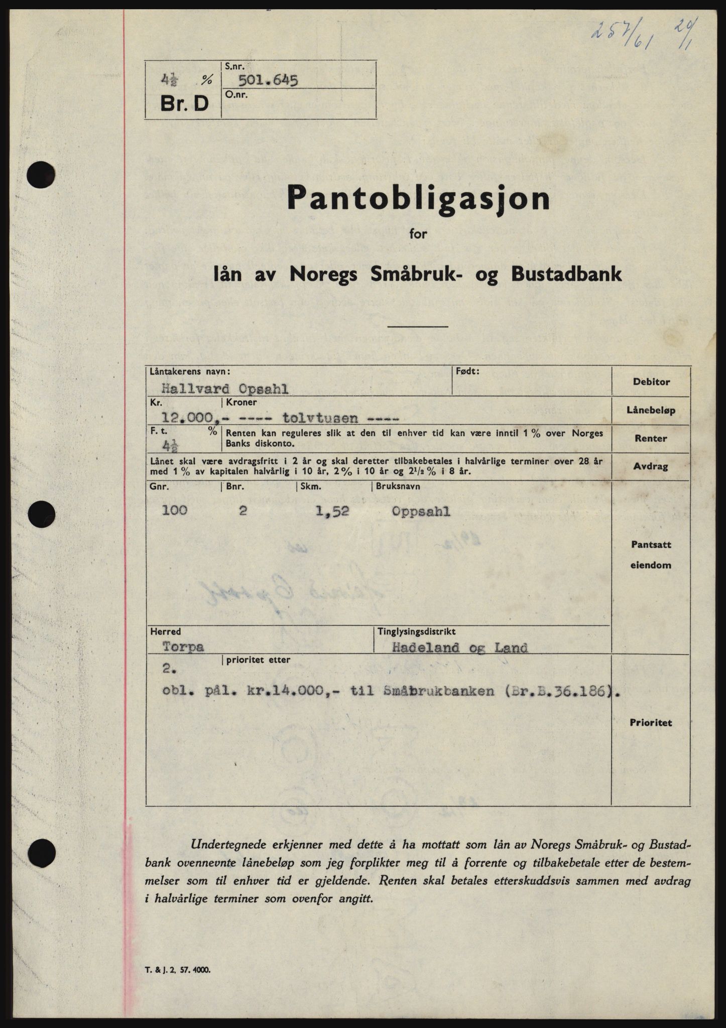 Hadeland og Land tingrett, SAH/TING-010/H/Hb/Hbc/L0045: Pantebok nr. B45, 1961-1961, Dagboknr: 257/1961