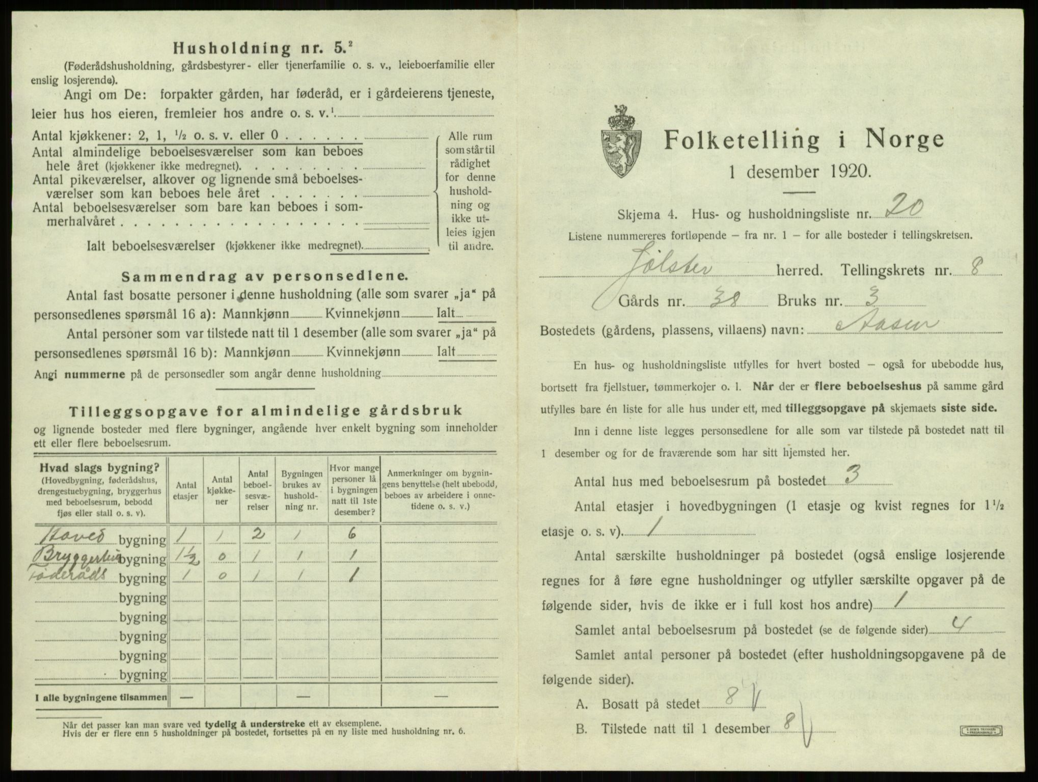 SAB, Folketelling 1920 for 1431 Jølster herred, 1920, s. 542