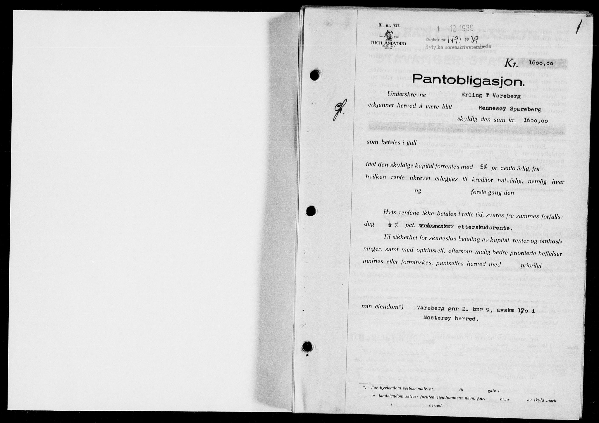 Ryfylke tingrett, SAST/A-100055/001/II/IIB/L0081: Pantebok nr. 60, 1939-1940, Dagboknr: 1491/1939