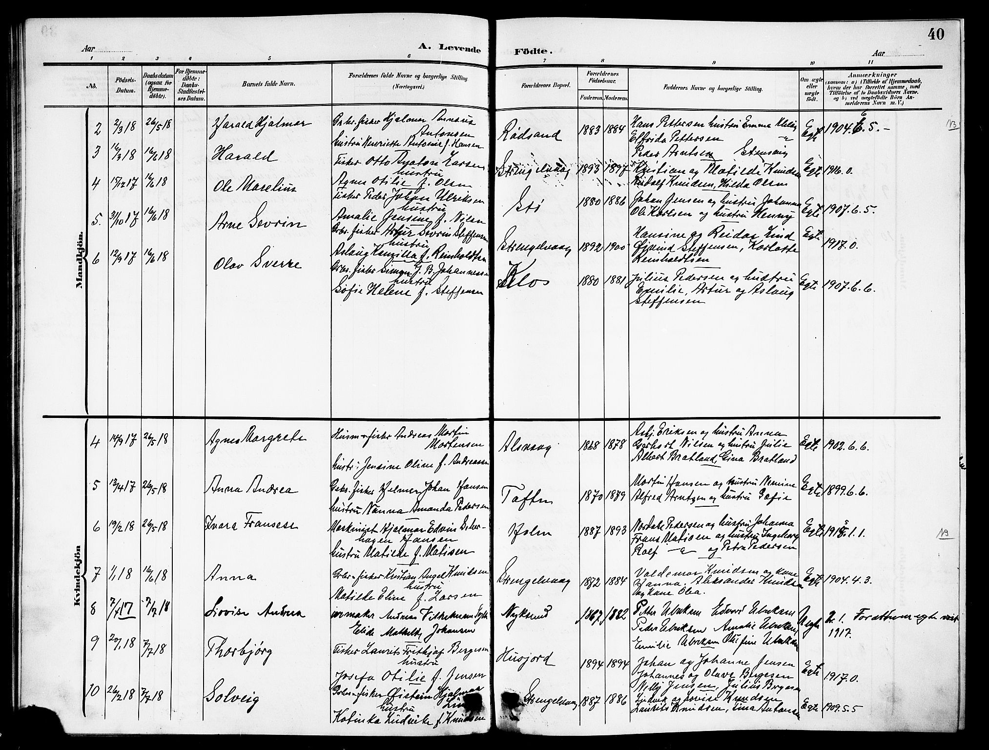 Ministerialprotokoller, klokkerbøker og fødselsregistre - Nordland, AV/SAT-A-1459/894/L1361: Klokkerbok nr. 894C04, 1905-1922, s. 40