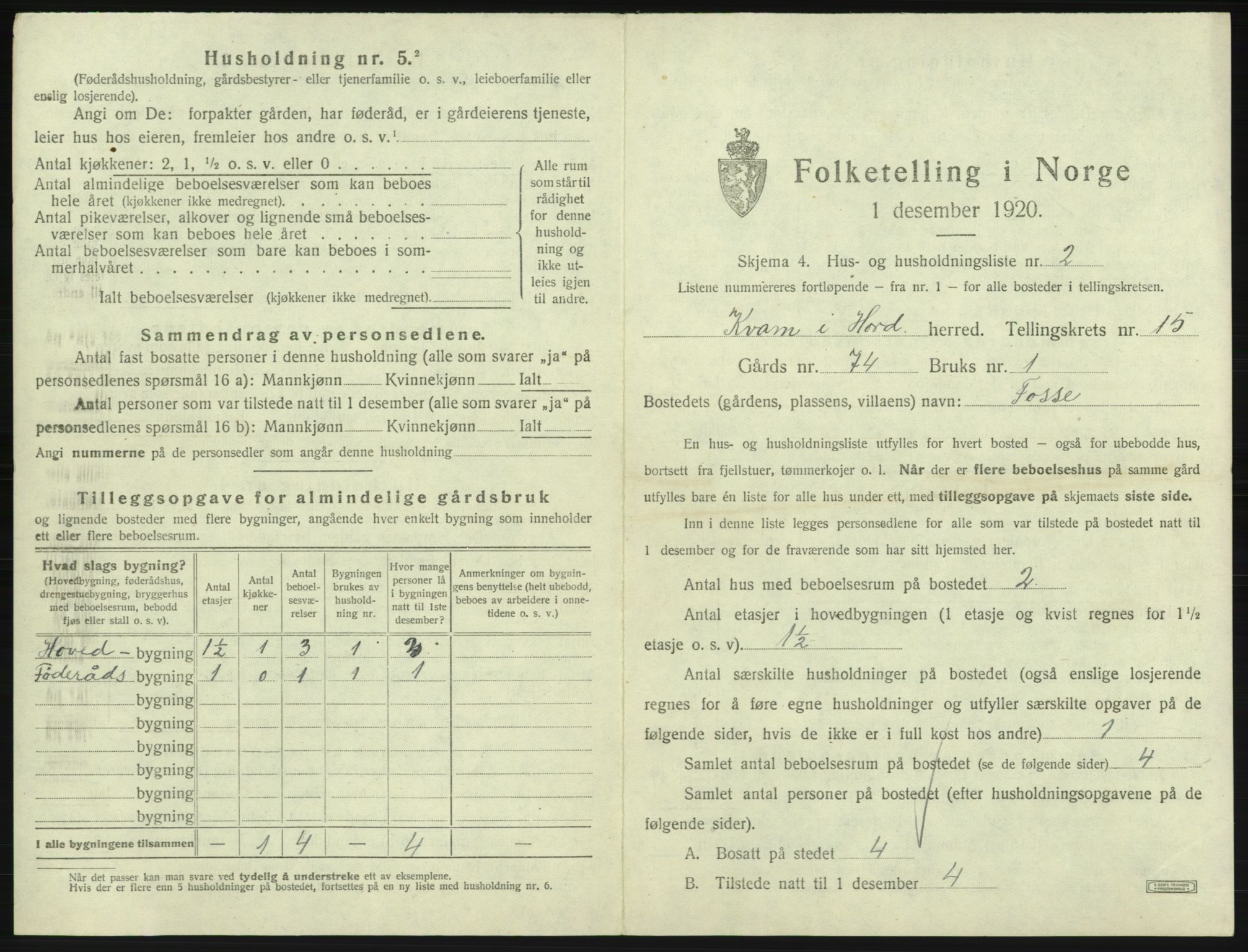 SAB, Folketelling 1920 for 1238 Kvam herred, 1920, s. 1238