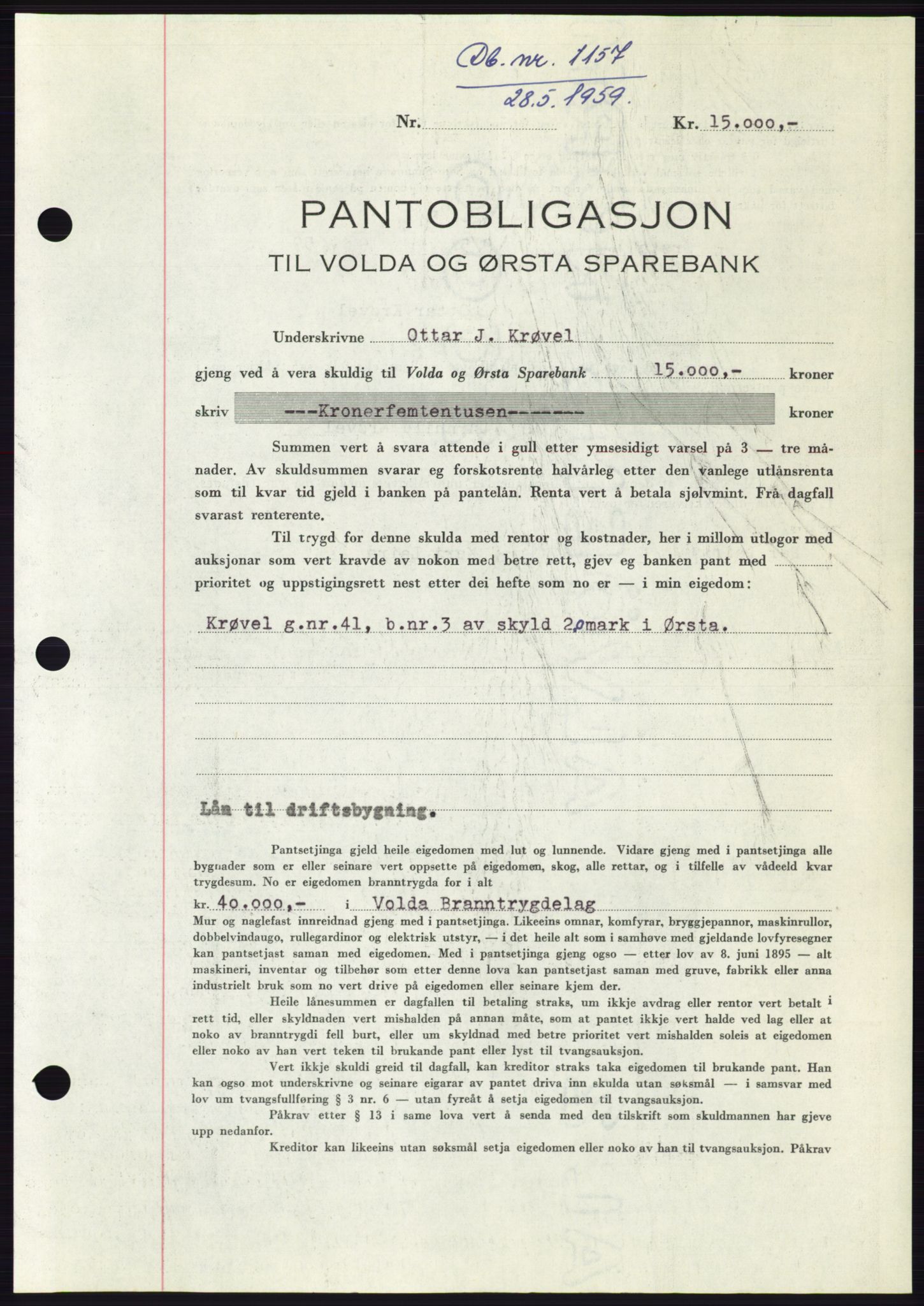 Søre Sunnmøre sorenskriveri, SAT/A-4122/1/2/2C/L0133: Pantebok nr. 21B, 1959-1959, Dagboknr: 1157/1959