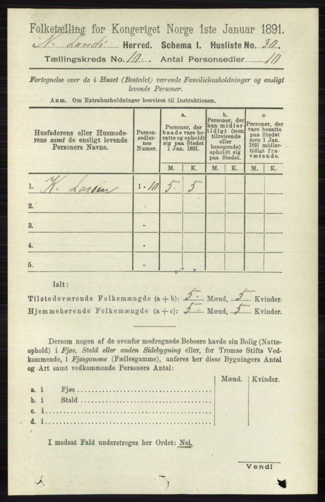 RA, Folketelling 1891 for 0538 Nordre Land herred, 1891, s. 2800