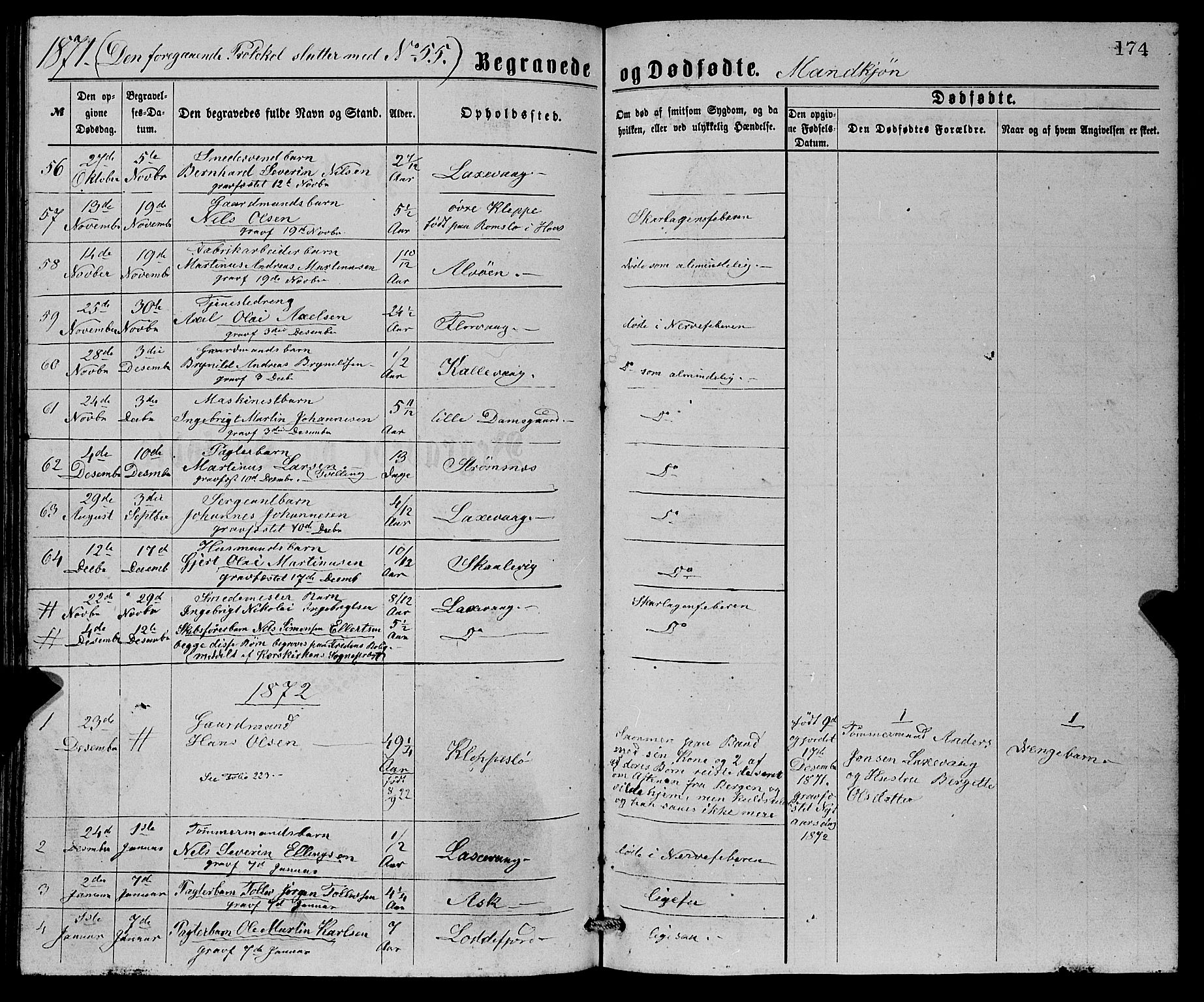 Askøy Sokneprestembete, AV/SAB-A-74101/H/Ha/Hab/Haba/L0007: Klokkerbok nr. A 7, 1871-1881, s. 174